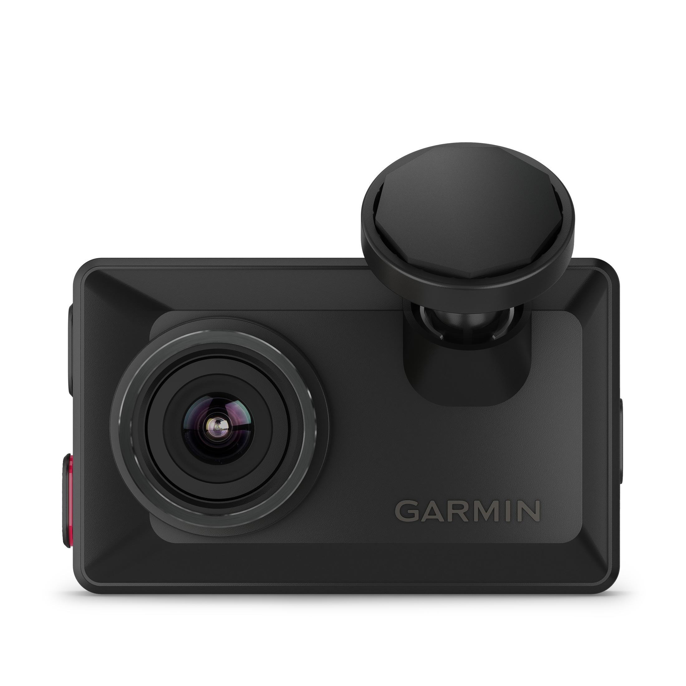 Schwarze Garmin Dashcam mit Objektiv und Halterung. Knöpfe an der Seite. Das Wort Garmin ist sichtbar.