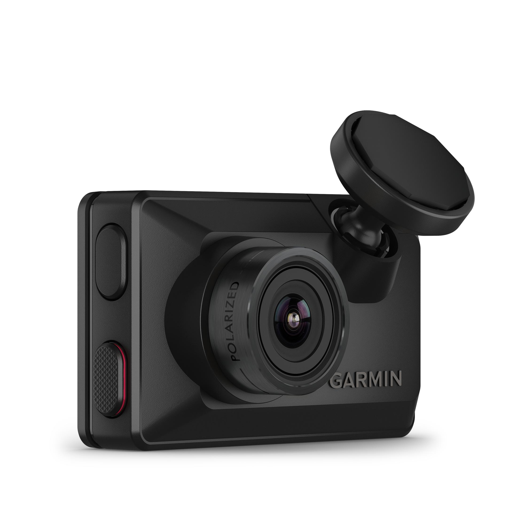Schwarze Garmin Dashcam mit polarisiertem Objektiv und Halterung. Das Wort Garmin ist sichtbar.