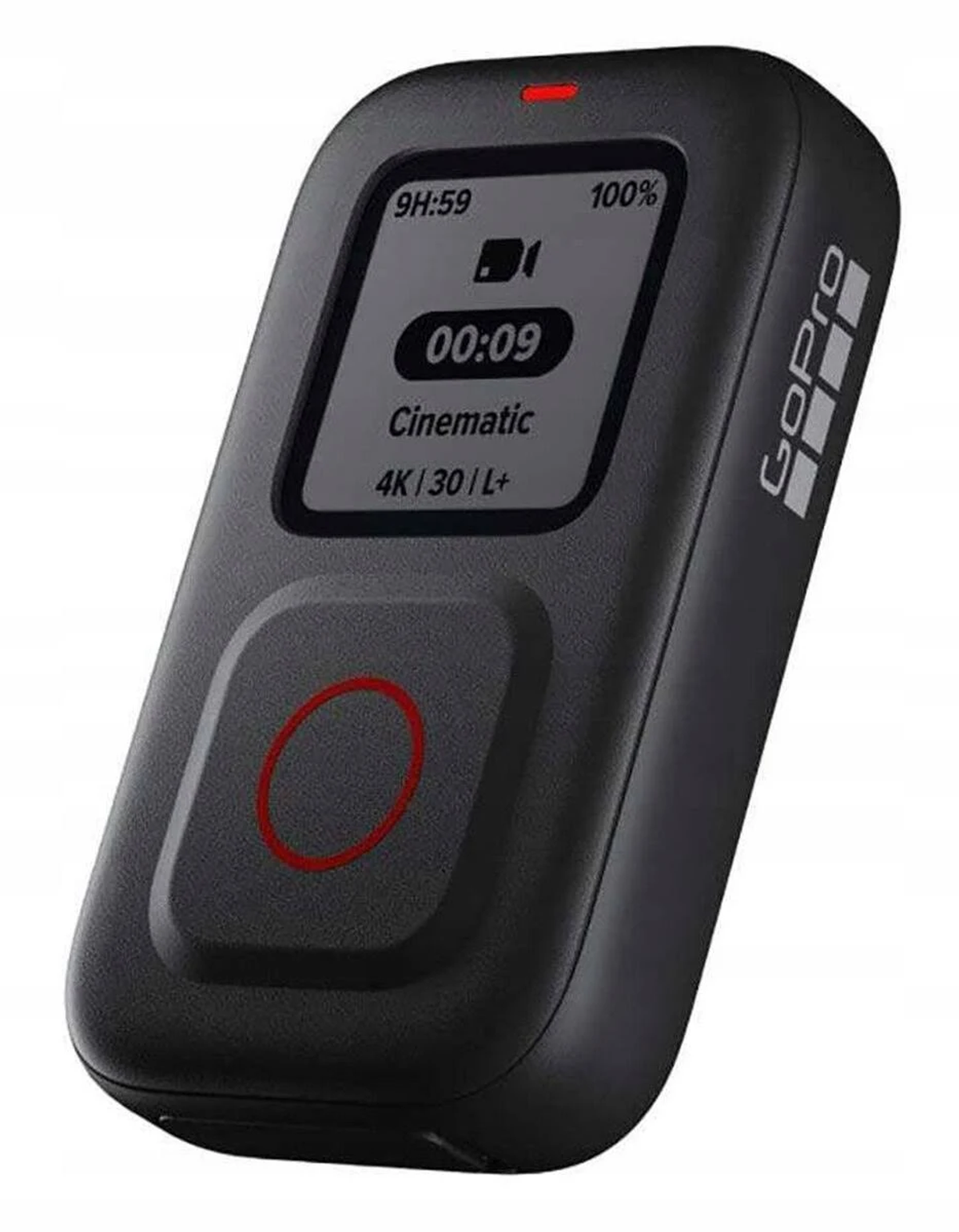 Czarny pilot do kamery sportowej z ekranem wyświetlającym czas, szczegóły wideo i czerwony przycisk nagrywania.