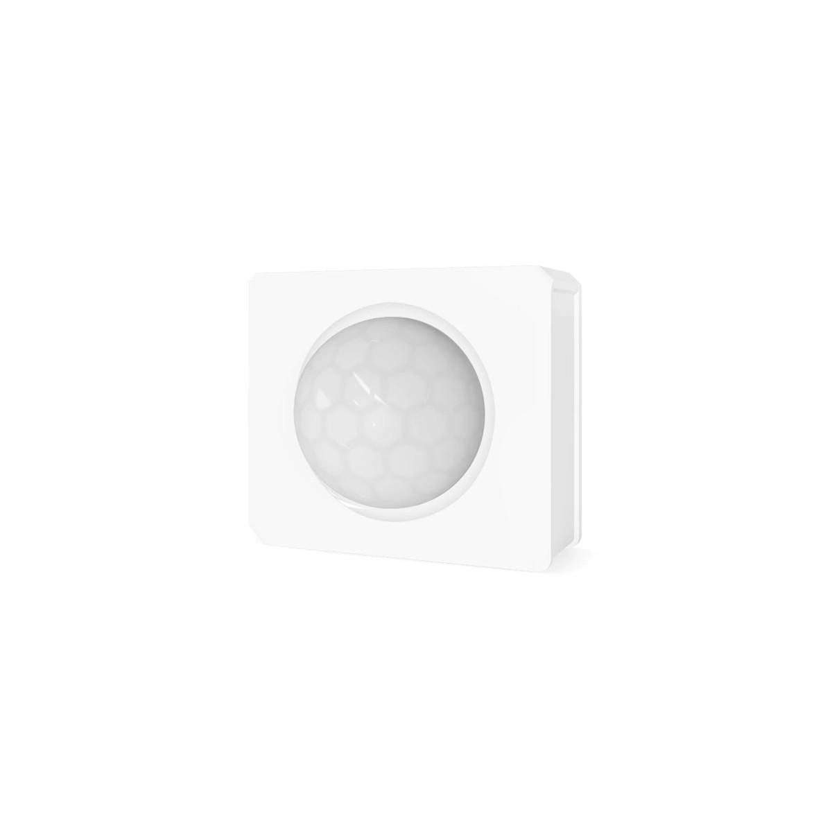 Sensore di movimento bianco con lente rotonda a nido d'ape. Sfondo bianco.