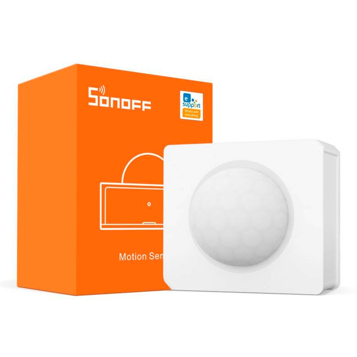 Scatola arancione con sensore di movimento bianco. La scatola ha il logo Sonoff e un'immagine del prodotto.