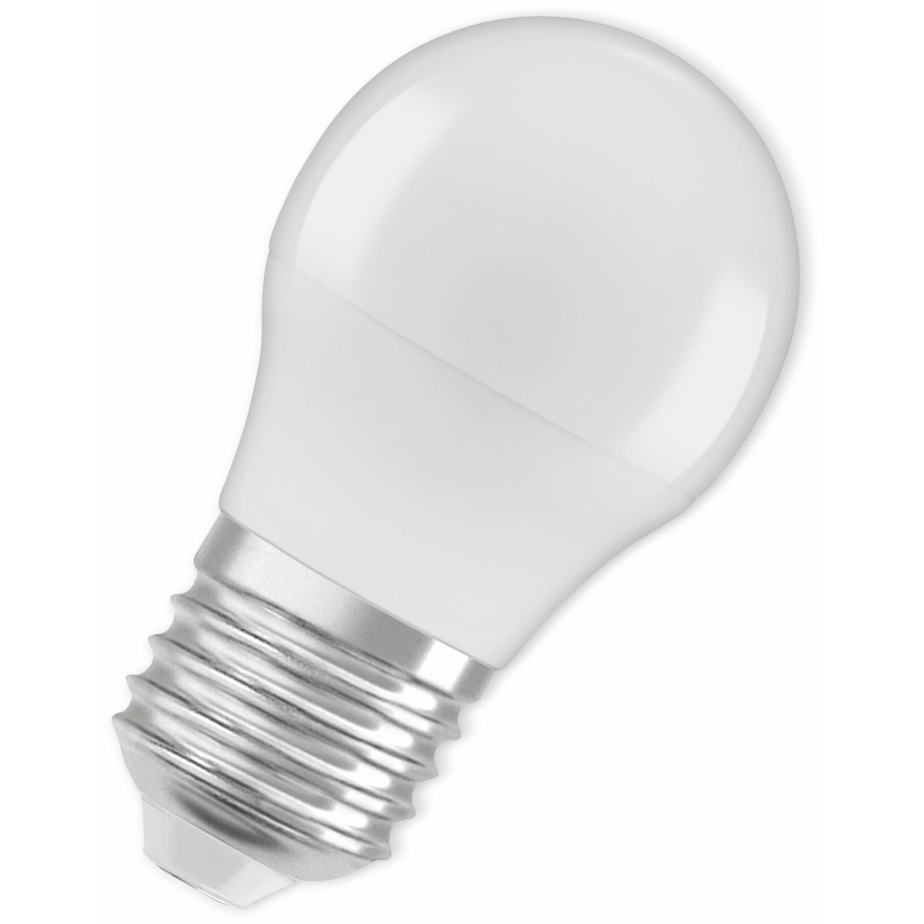 Lampadina bianca con base argentata, su sfondo bianco.