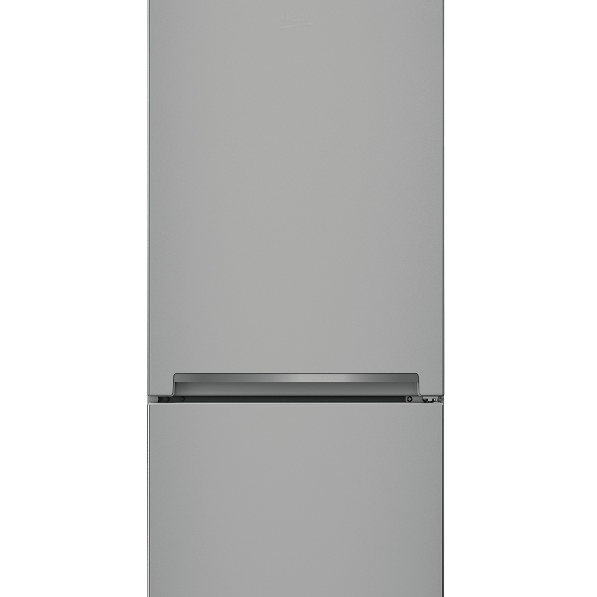 Ein grauer Beko-Kühlschrank mit zweitürigem Design, oben und unten.