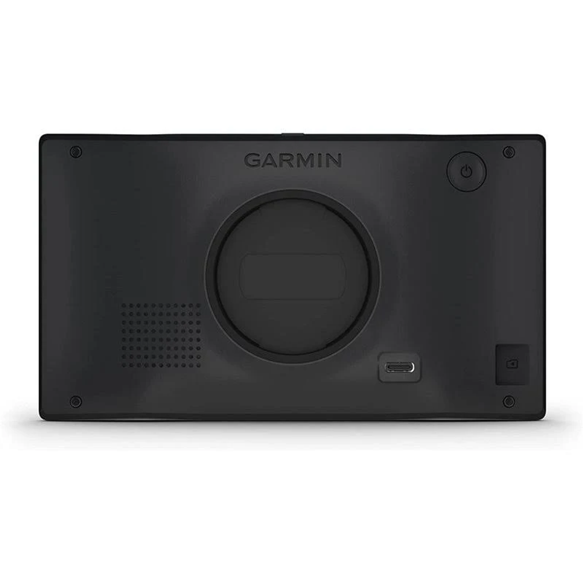 Czarne urządzenie Garmin. Ma centralny okrąg, przycisk zasilania i port ładowania. Nazwa marki jest widoczna.