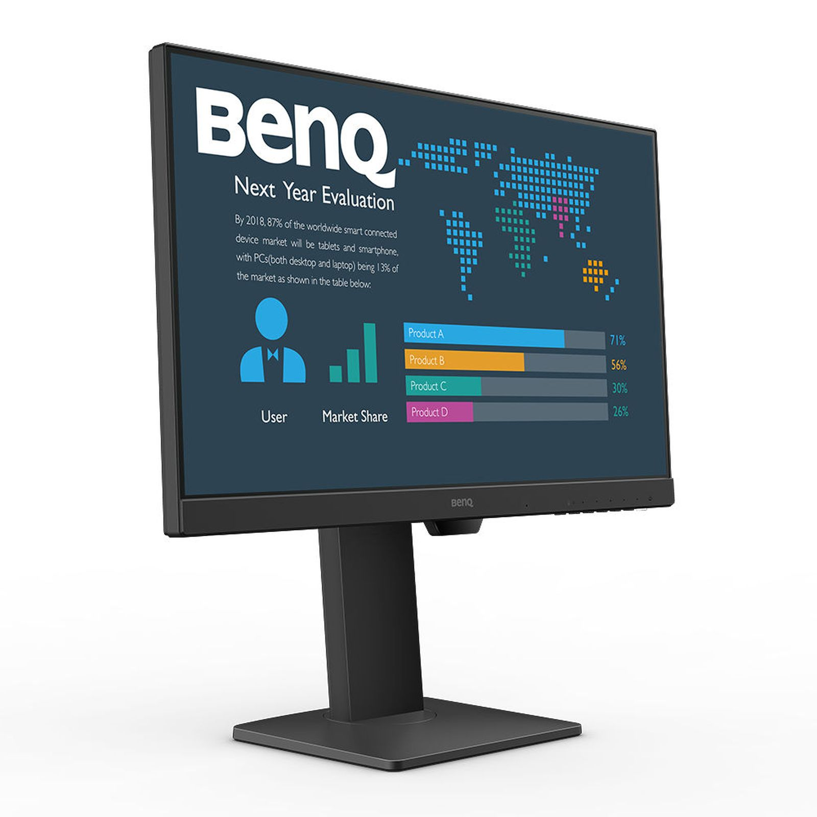 Zwarte BenQ monitor met gebruikersmarktaandeelgegevens.