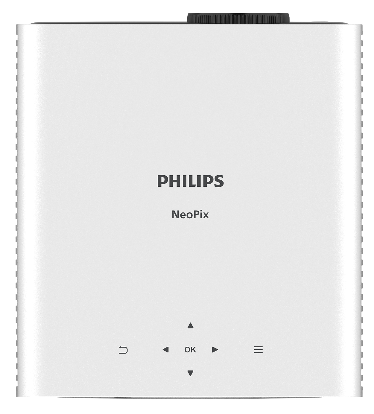 Weißer Philips NeoPix-Projektor mit Philips-Logo und Steuertasten, vor weißem Hintergrund.