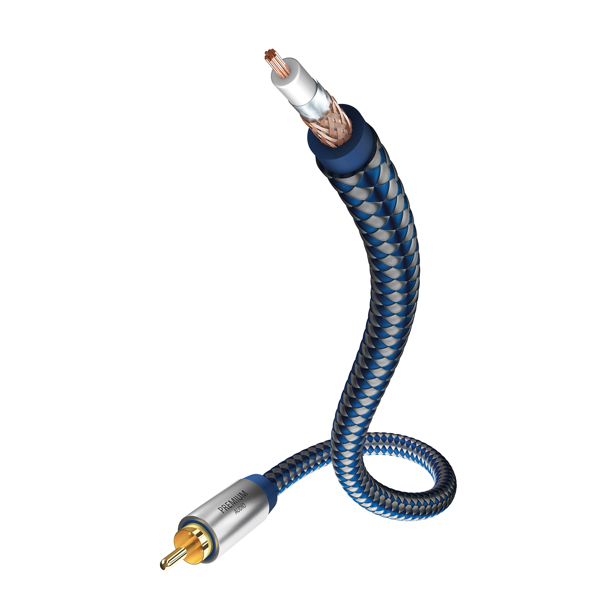 Kabel koncentryczny z niebiesko-srebrnym plecionym wzorem, srebrne złącze na jednym końcu.