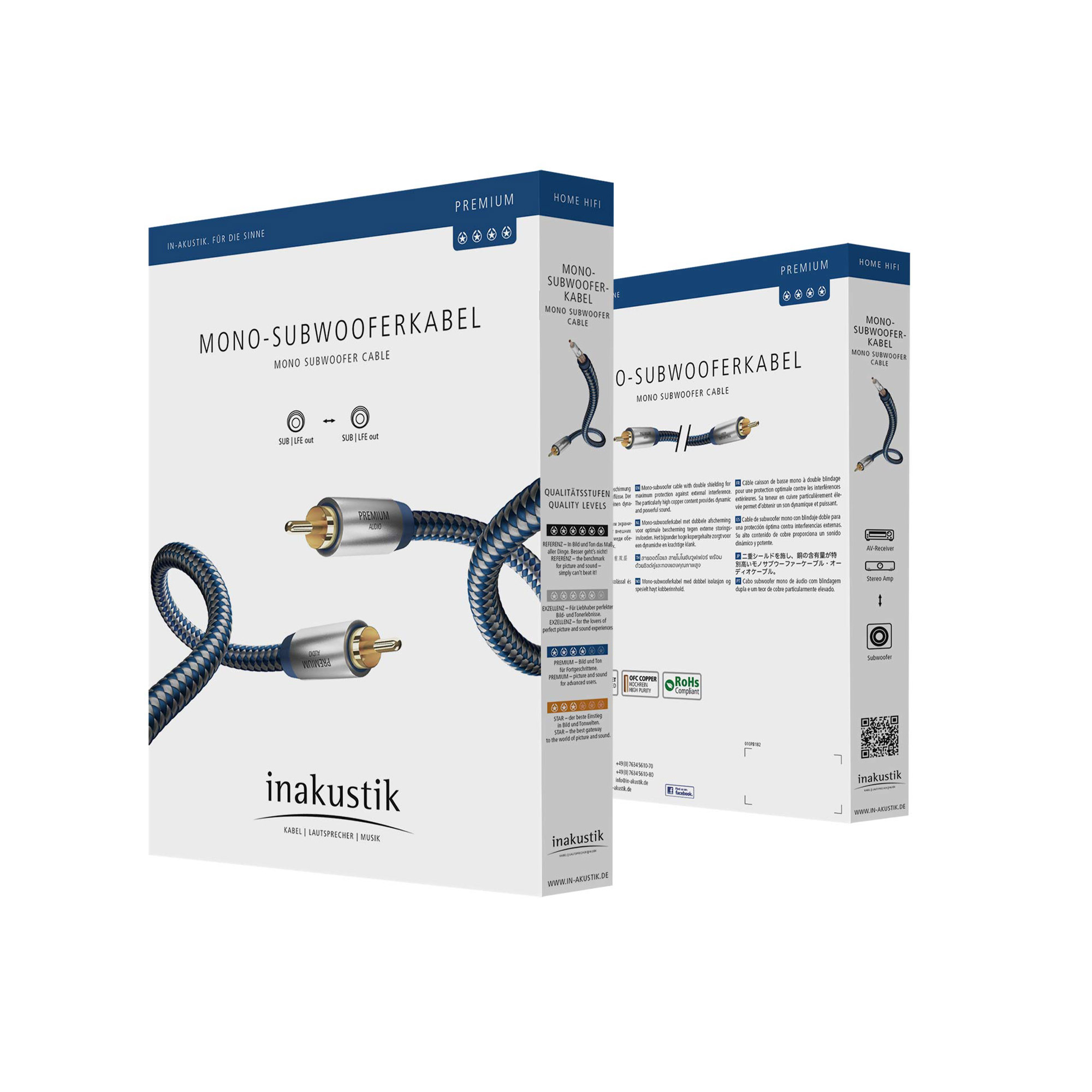 Dwa pudełka produktu kabla mono-subwoofera z kablem po lewej stronie i pudełkiem po prawej.