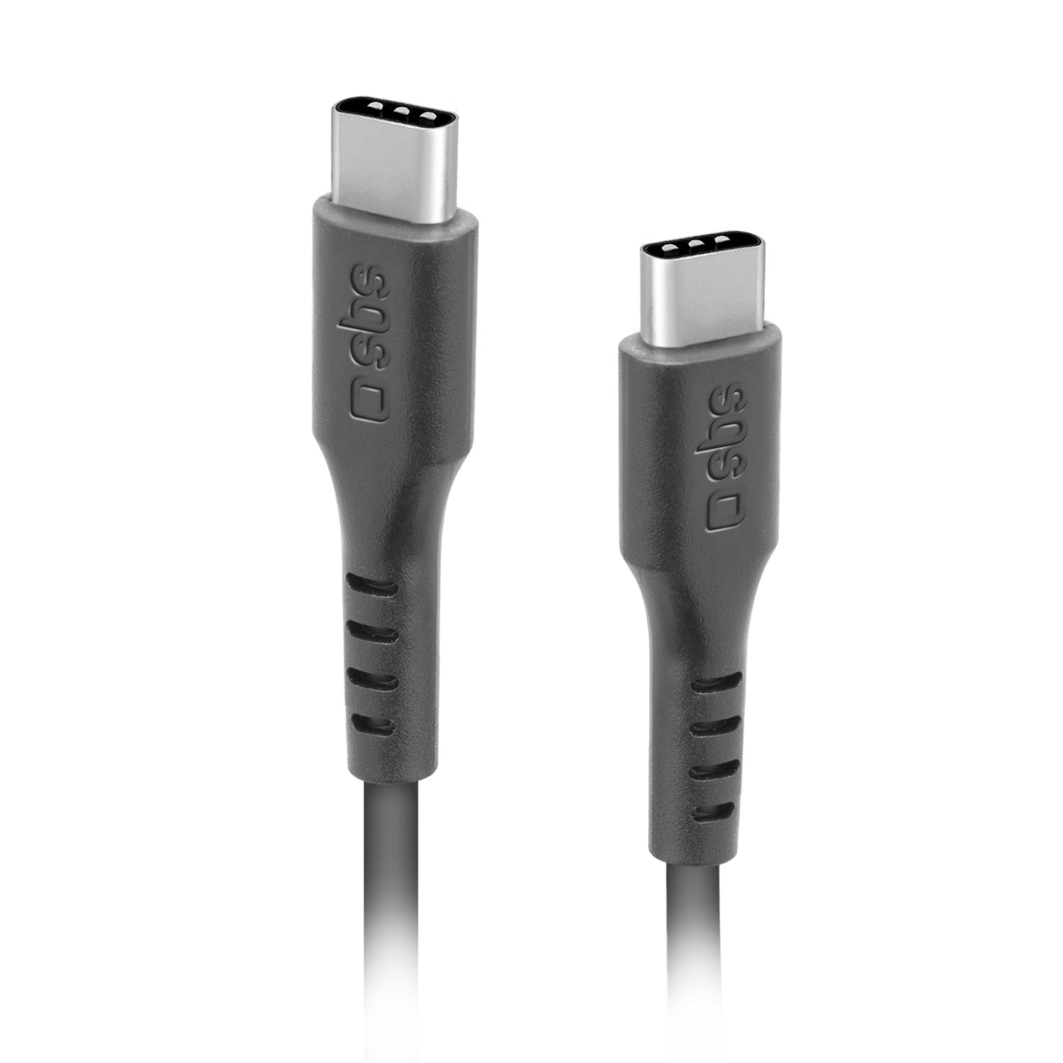 Zwei graue USB-C-Kabel, schwarzes Kabel. Jedes hat einen USB-C-Anschluss.