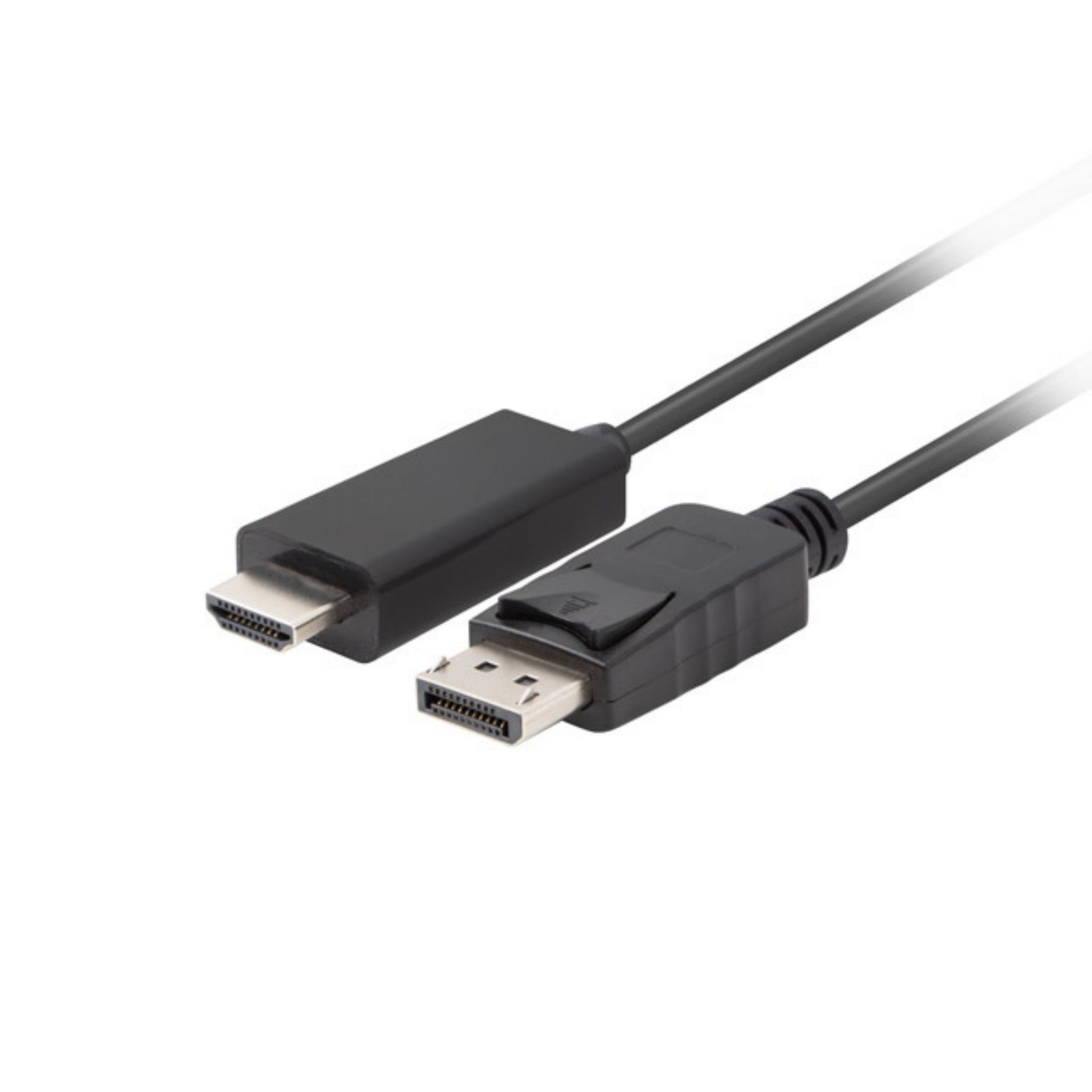 Czarny kabel HDMI do DisplayPort. Złącza DisplayPort i HDMI na przeciwnych końcach.