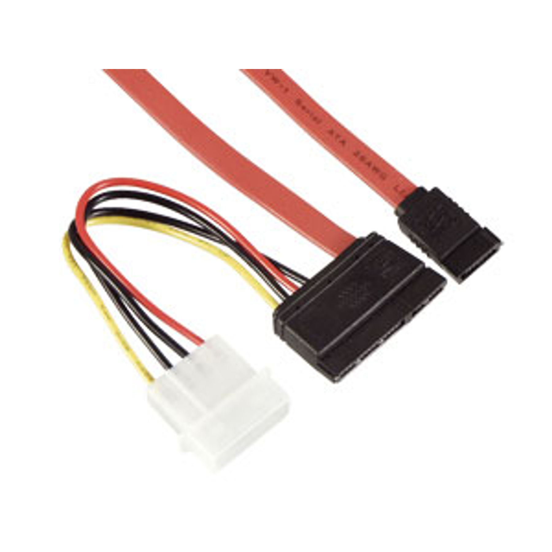 Czerwony kabel SATA z trzema złączami: czarnym, białym i przewodami czerwony/czarny/żółty.