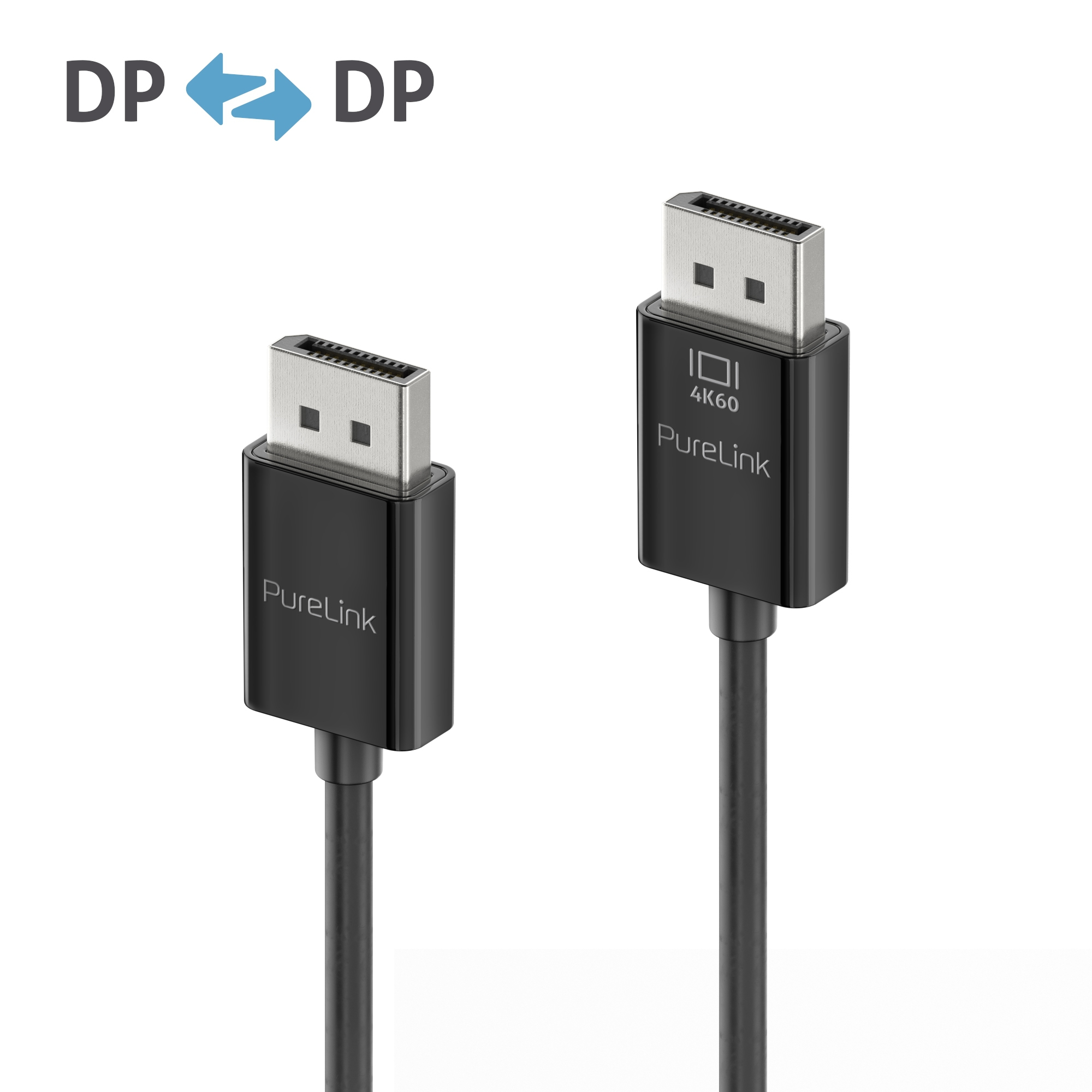 Due cavi DisplayPort neri con connettori. Purelink è stampato sui connettori. Sfondo bianco.
