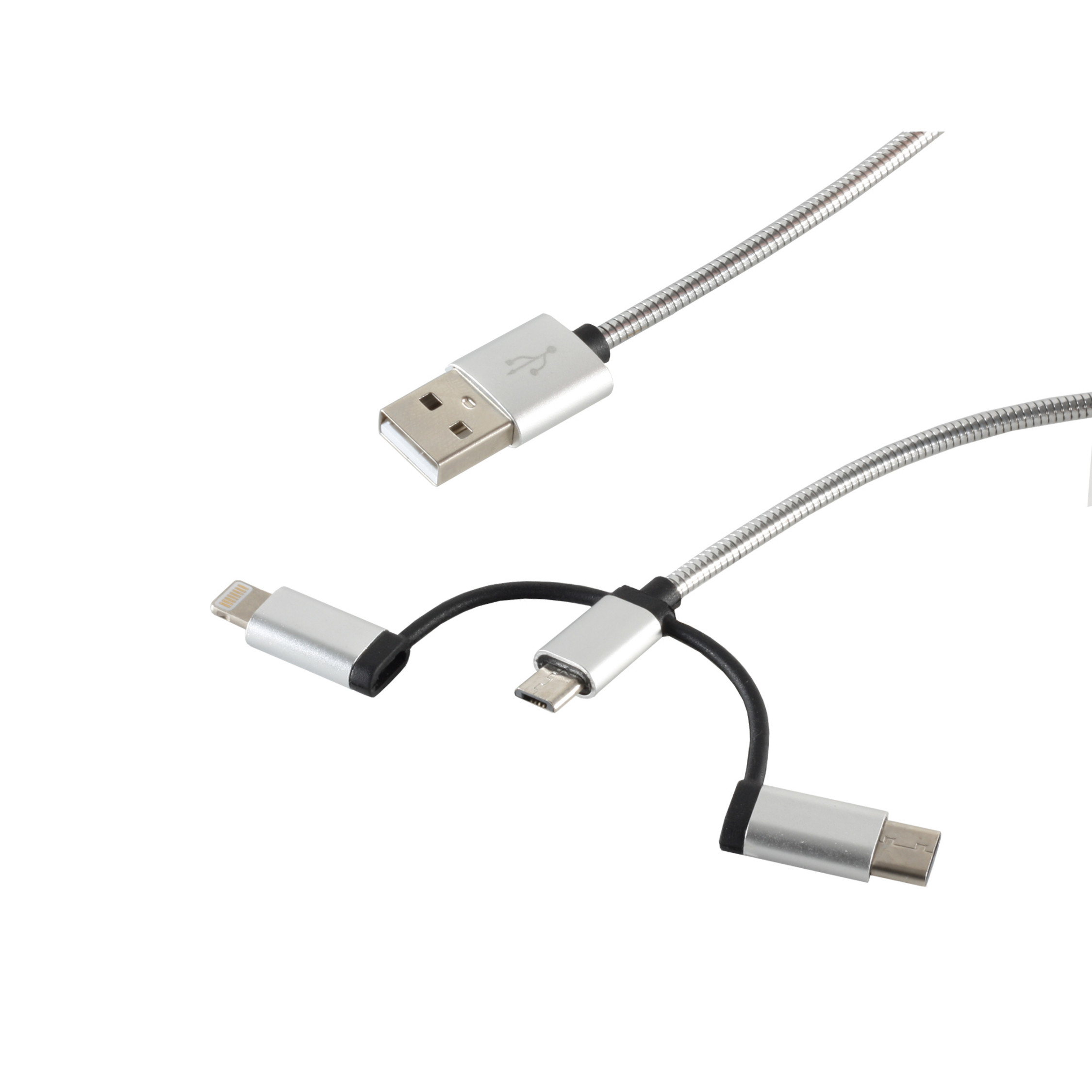 Ein silbernes USB-zu-Multi-Anschluss-Ladekabel.
