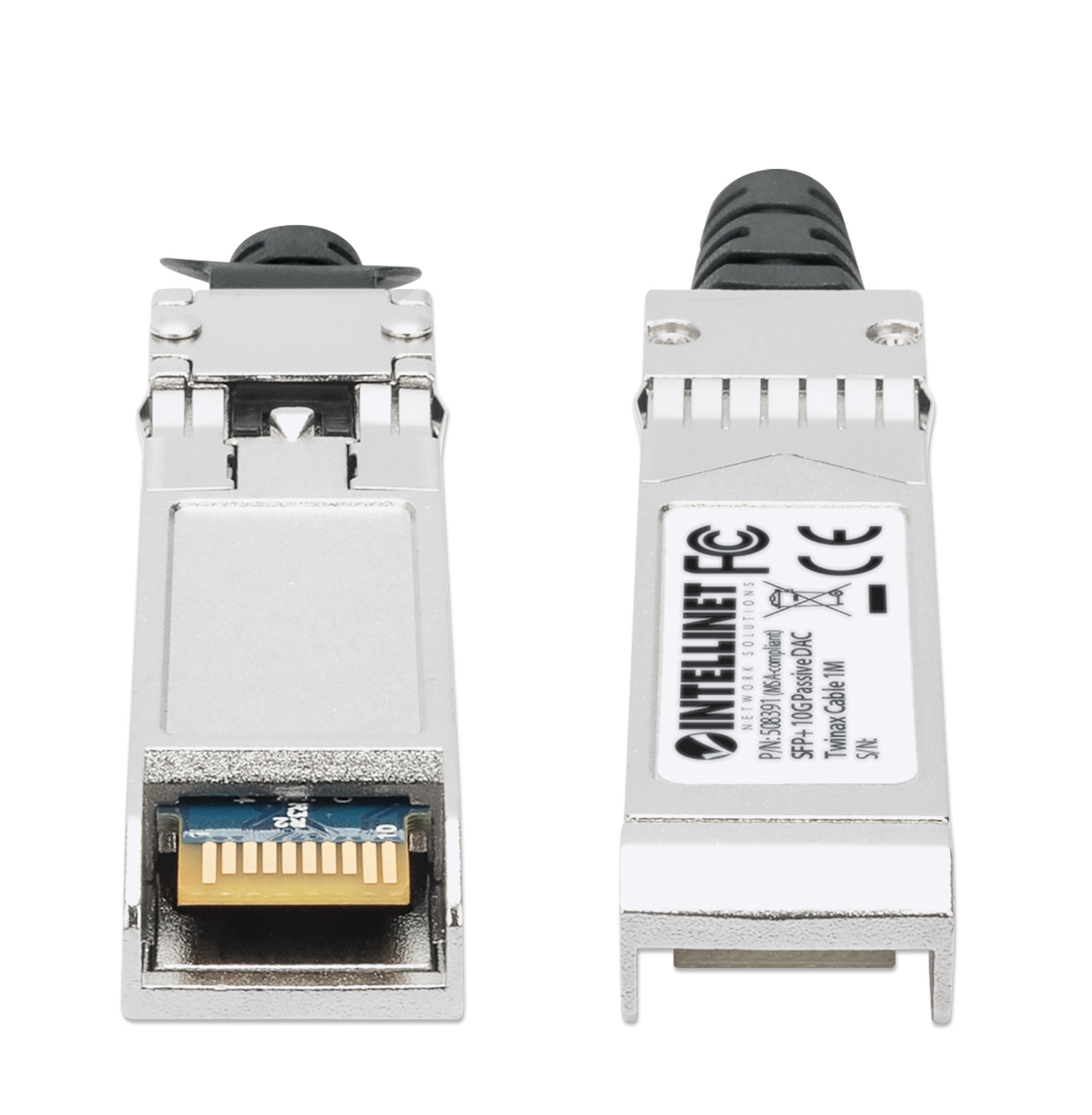 Two SFP transceivers, silver, with black connectors, and white labels.