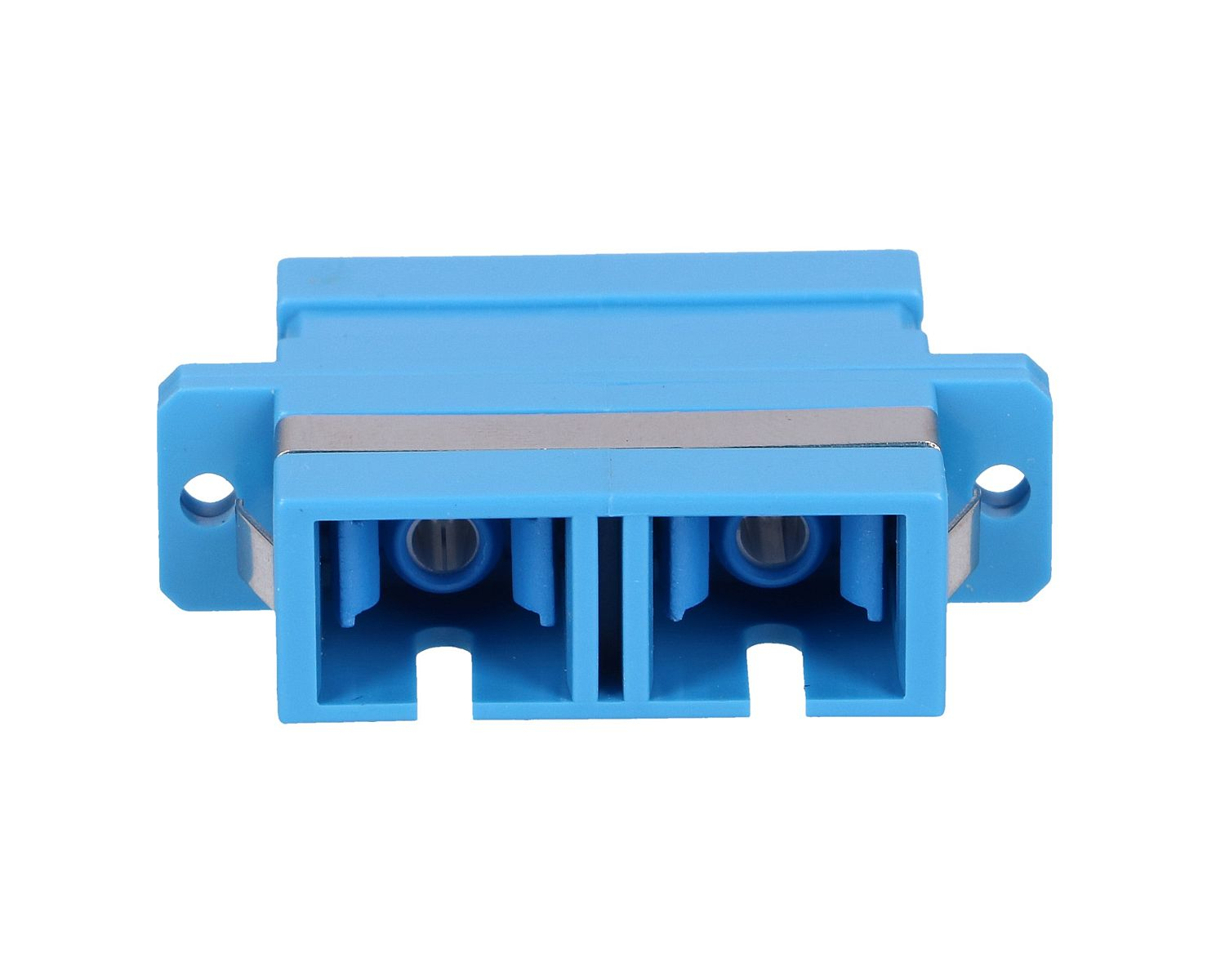 Niebieskie złącze światłowodowe. Dwa porty i metalowy klips.