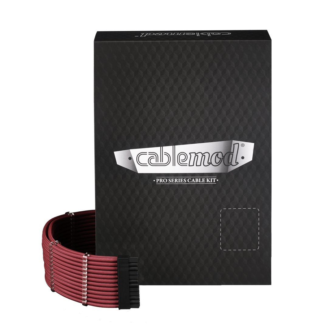 Una scatola nera con un kit di cavi rosso e il logo Cablemod.