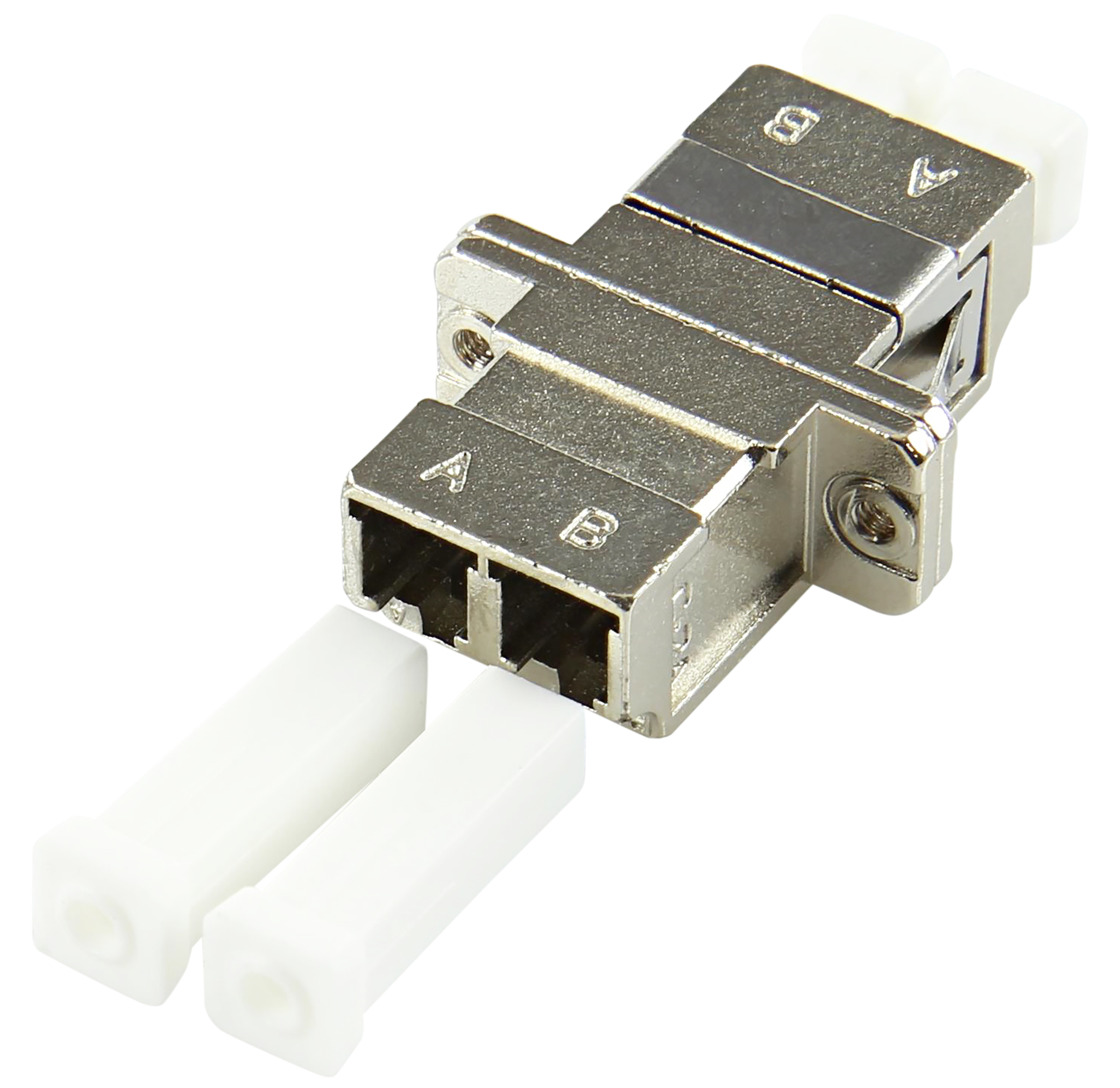 Adattatore argento con due connettori bianchi. Ciascuno con etichette 'A' e 'B'.