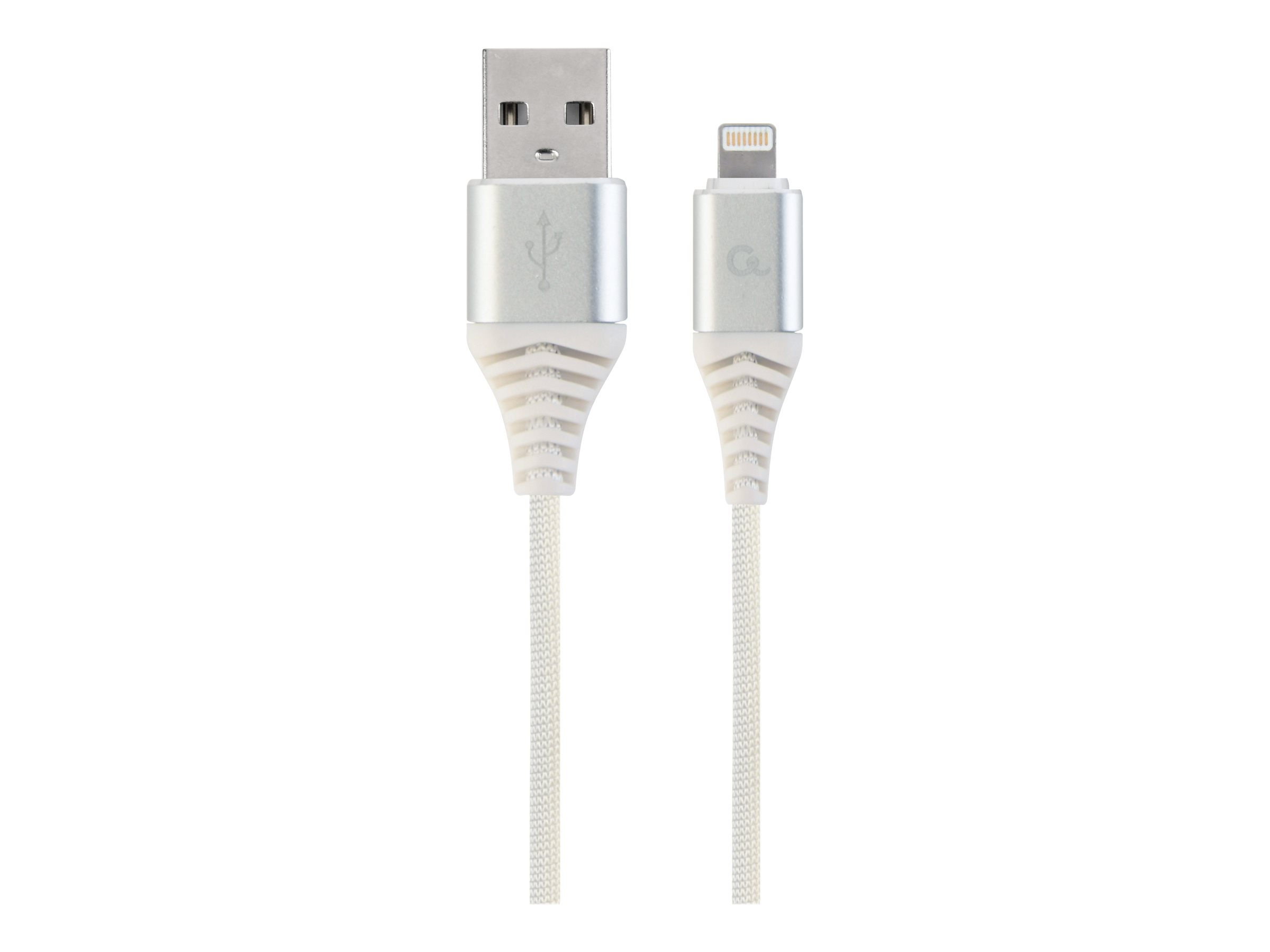 Cavo USB bianco con connettori argento e bianchi. Sfondo bianco.