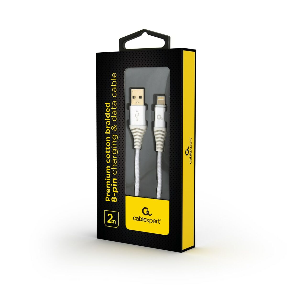 Cavo bianco e grigio in scatola con connettori USB e Lightning, marchio cableexpert. Sfondo bianco.