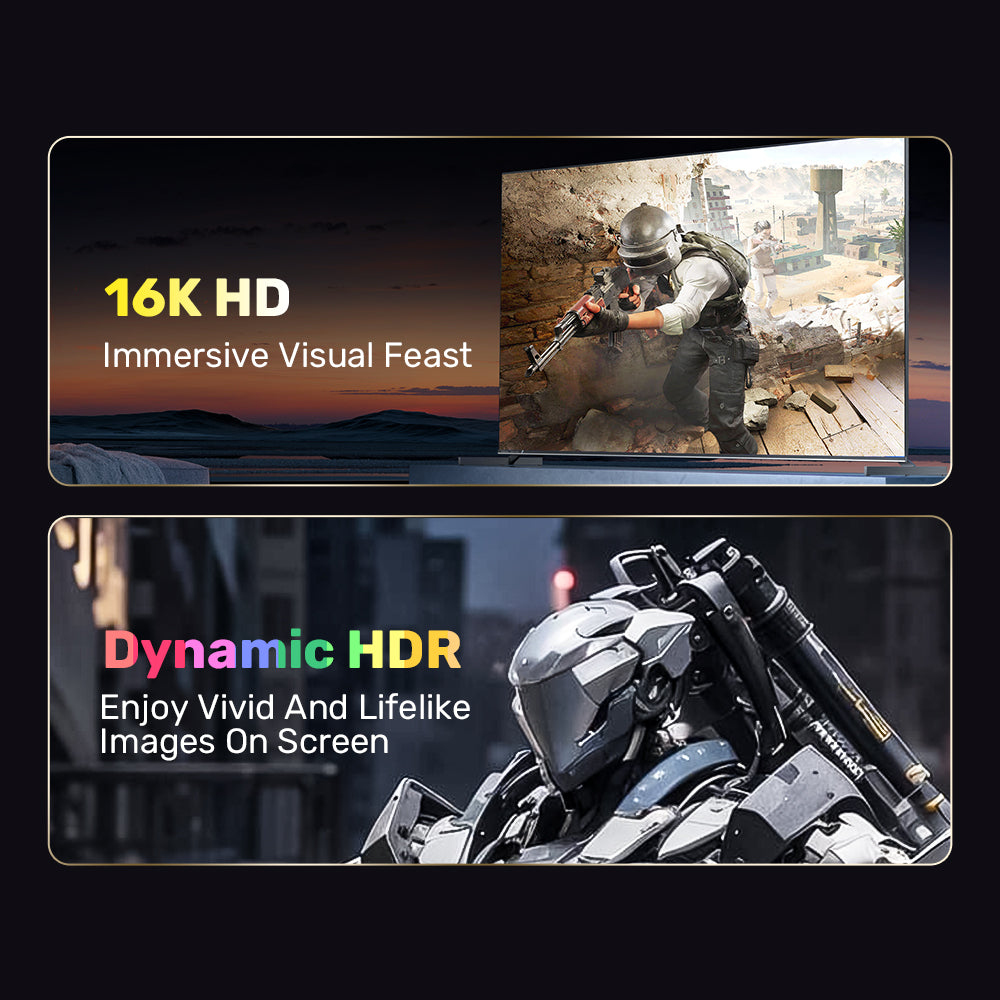 Dwa obrazy z tekstem: 16K HD, wciągająca uczta wizualna, i Dynamic HDR, żywe obrazy. Czarne tło.