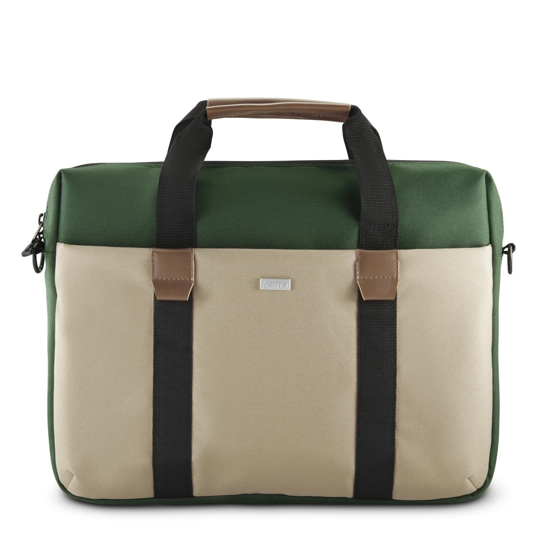 Borsa per laptop verde e beige con cinghie e manici neri. Sfondo bianco.