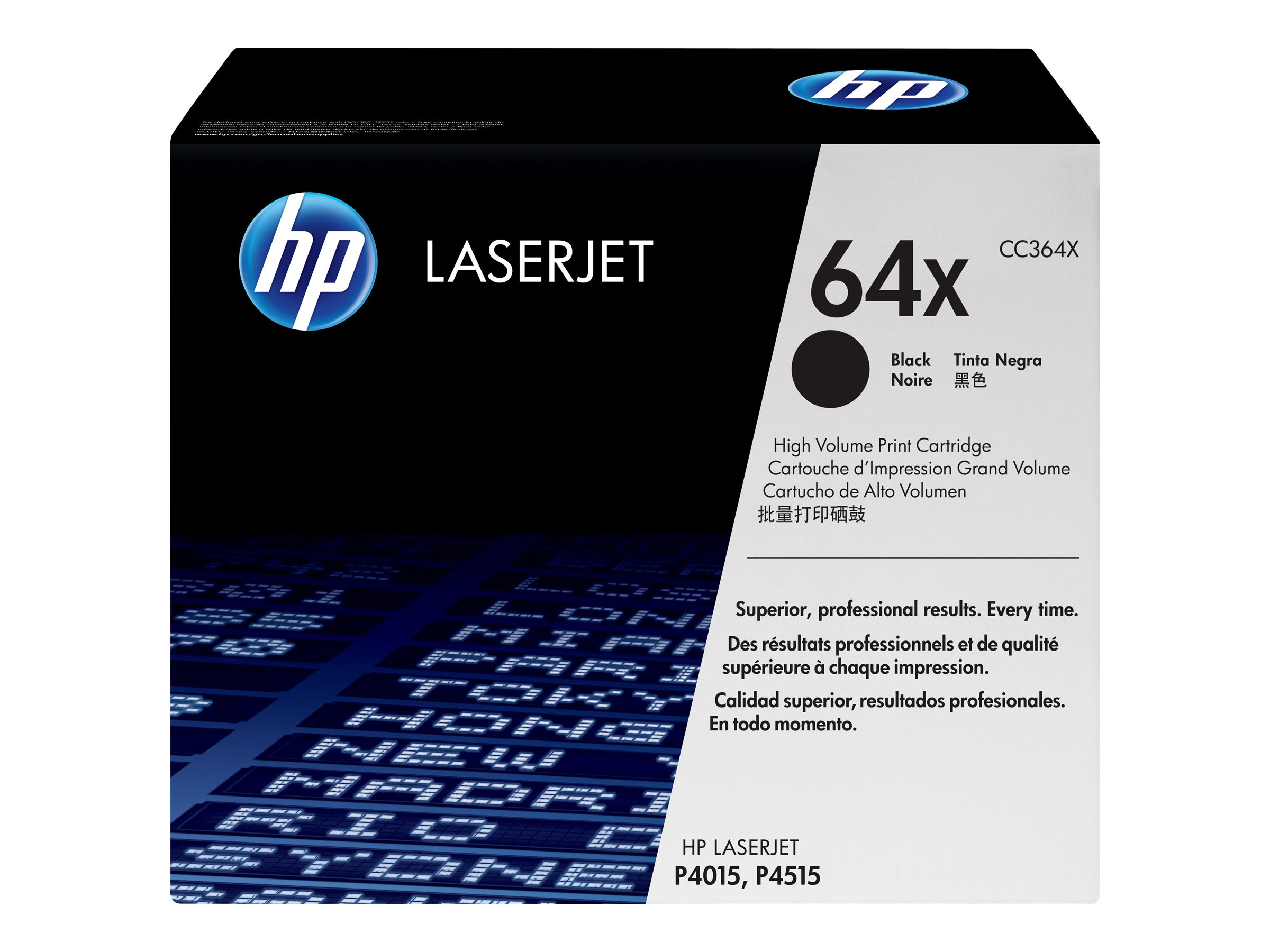 Ürün detayları içeren HP LaserJet siyah mürekkep kartuş kutusu. Siyah zemin.