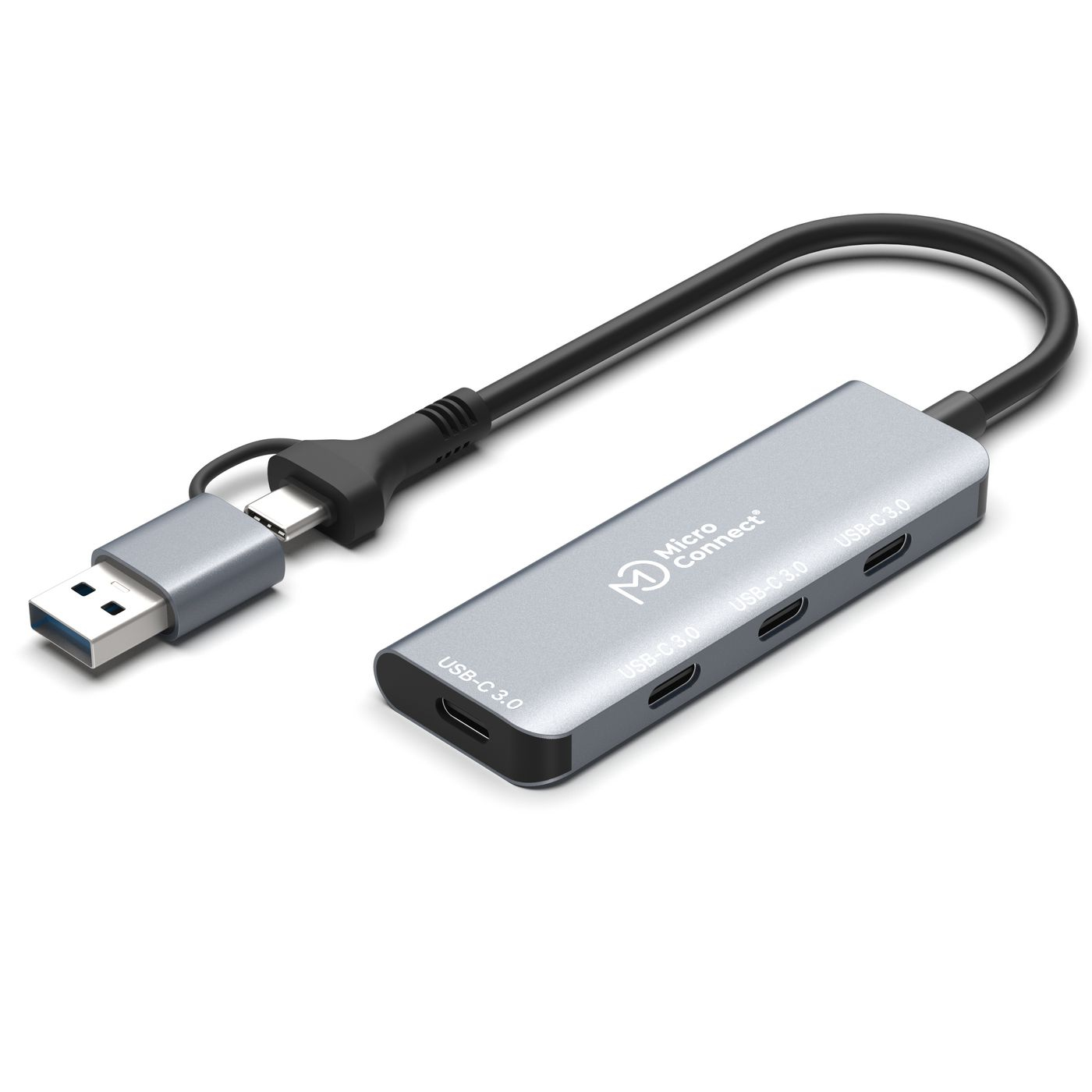 Hub USB argento con più porte collegate a USB-C e USB. Sfondo bianco.