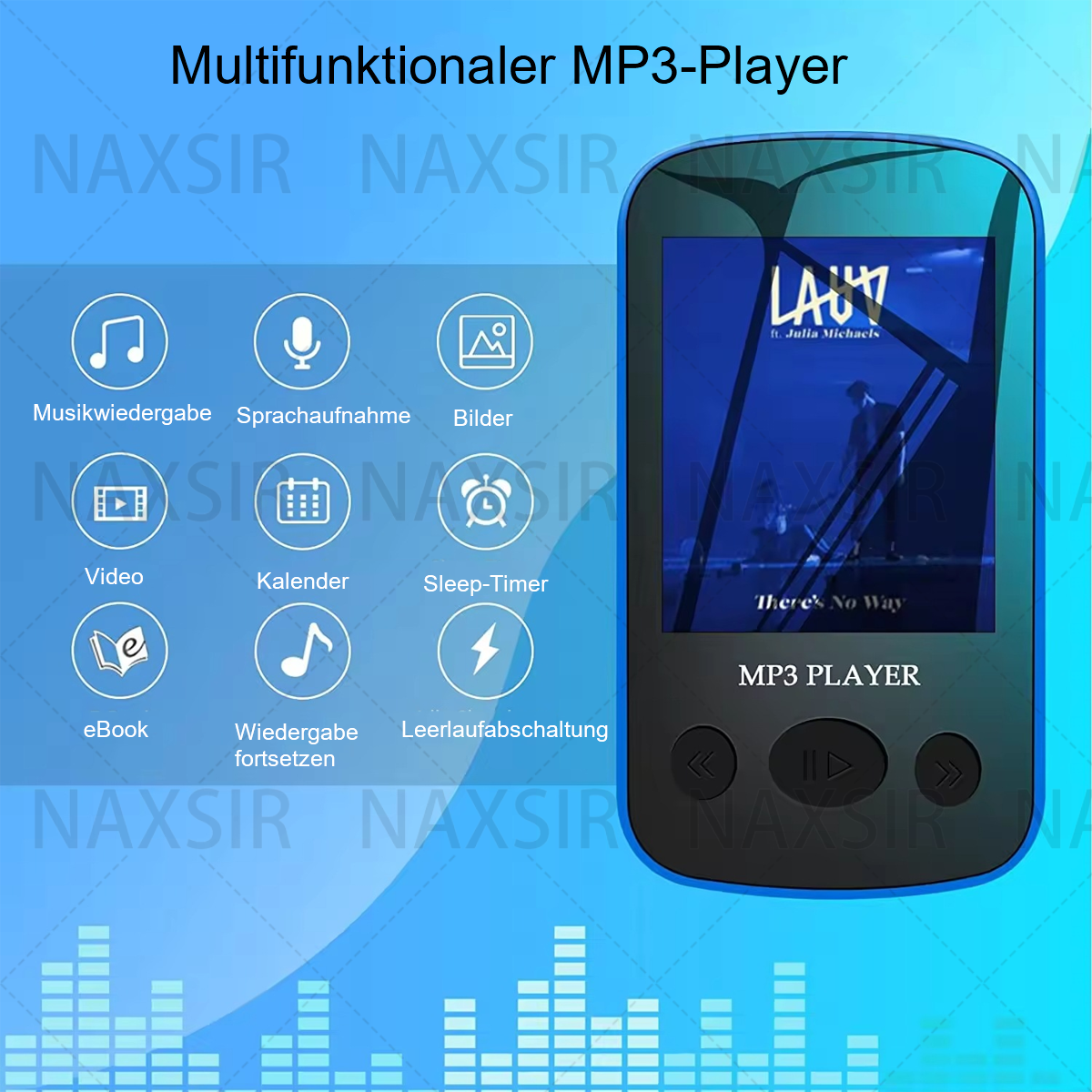 Lettore MP3 nero con schermo. Sono visualizzate icone per musica, video e altre funzioni.