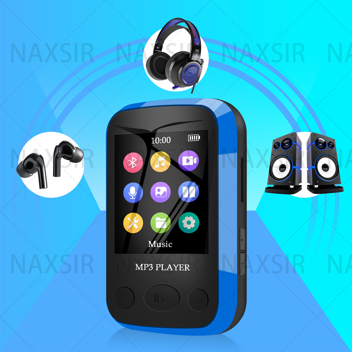 Un lettore MP3 con cuffie, auricolari e altoparlanti, il tutto su uno sfondo con la parola NAXSIR.