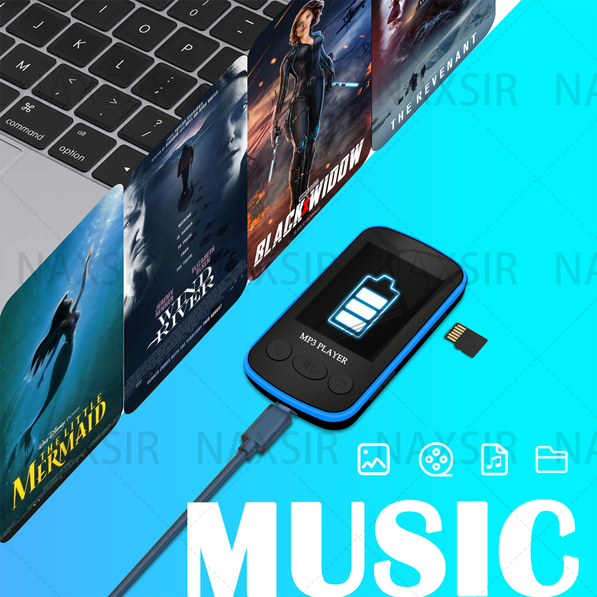 Un lettore MP3 con film su uno schermo di un laptop e una scheda di memoria, su sfondo verde.