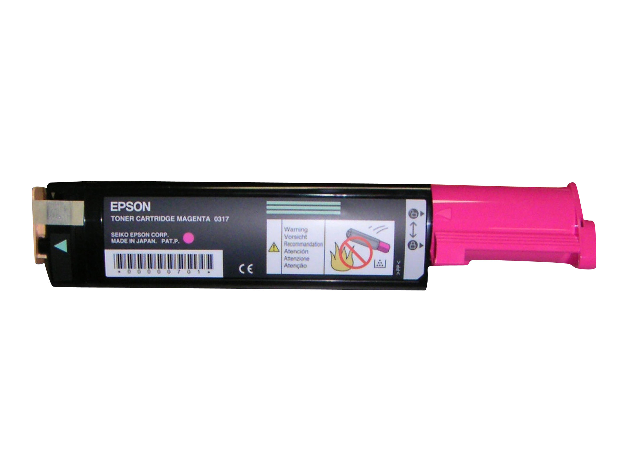 Una cartuccia toner Epson magenta. Lo sfondo è bianco.