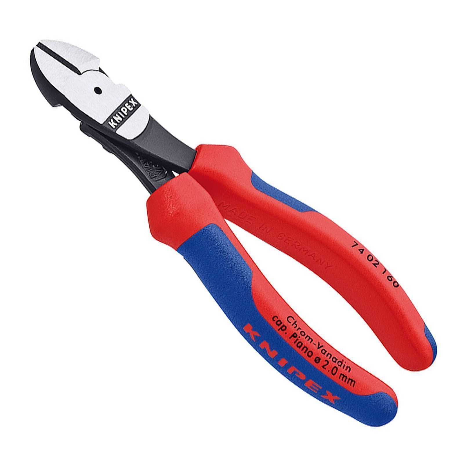 Knipex pliers, red and blue handles, metal cutting edges. Made in Germany is printed on it.