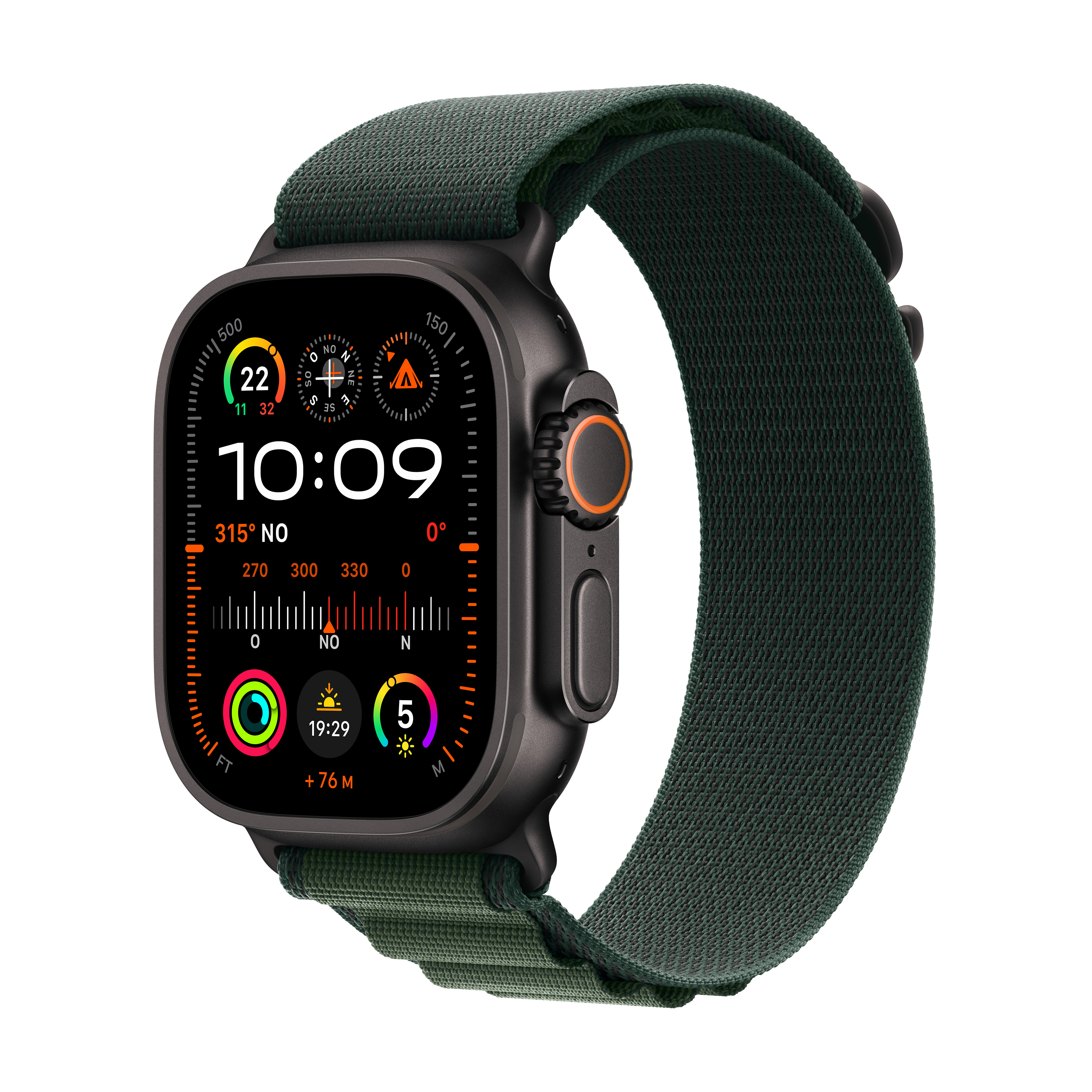 Eine Apple Watch Ultra mit grünem Sportarmband, zeigt 10:09 Uhr an.