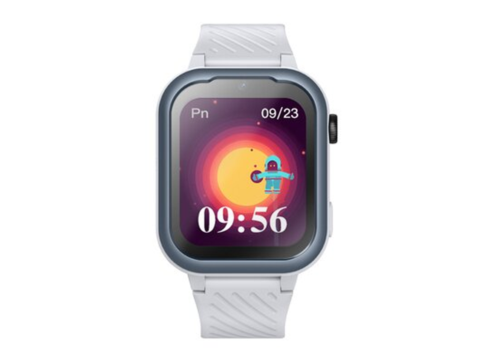 Biały smartwatch z astronautą i godziną 09:56.