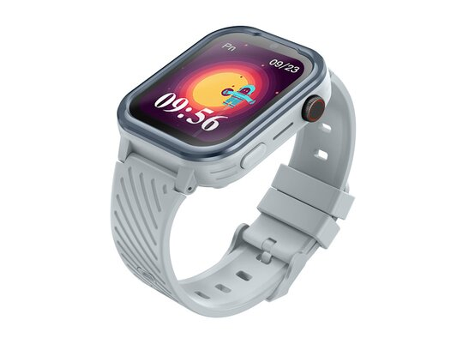 Szary smartwatch z kolorową tarczą, astronauta w kosmosie.