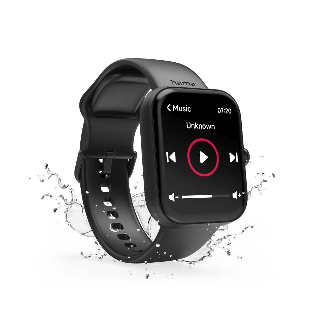 Uno smartwatch nero con gocce d'acqua, che riproduce musica.