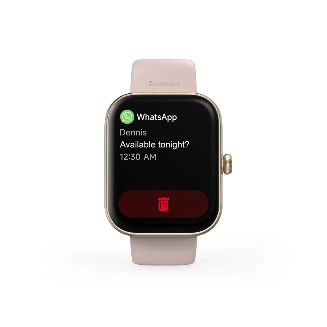 Un smartwatch con correa rosa. Notificación de WhatsApp visible, con icono de papelera.