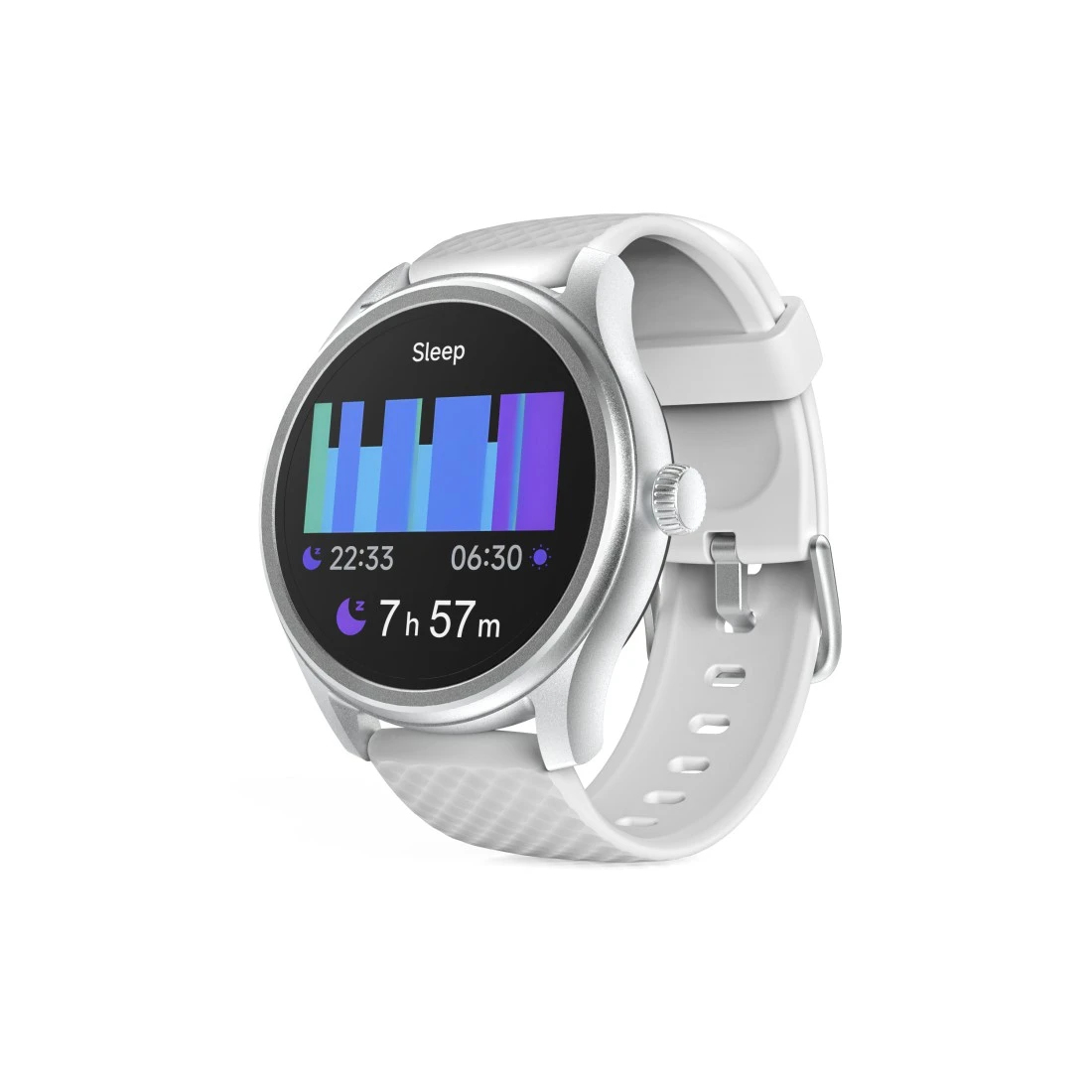 Een witte smartwatch toont een slaapanalysescherm, met een slaapduur van 7 uur en 57 minuten.
