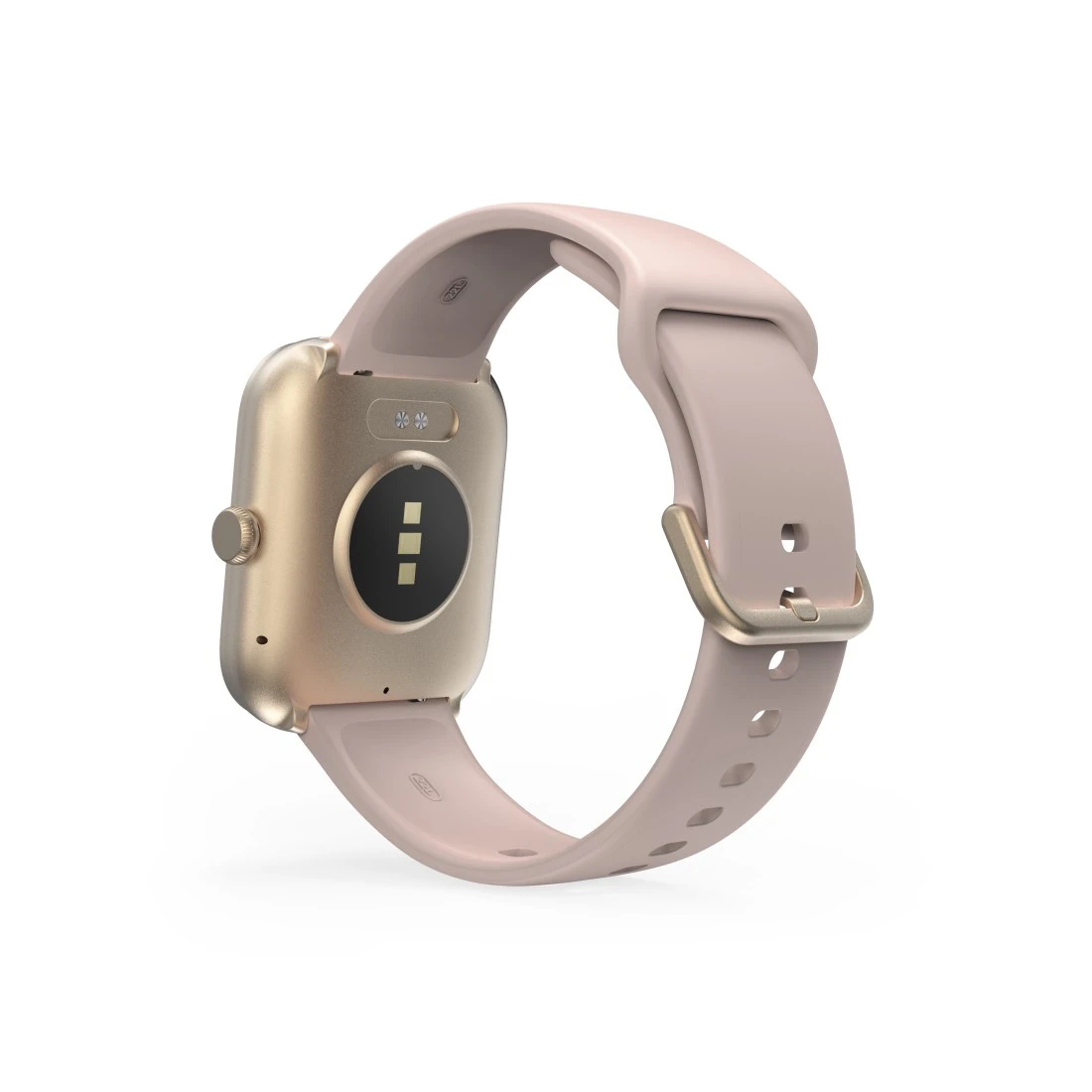 Smartwatch con correa rosa, vista trasera. Los sensores y pines son visibles.