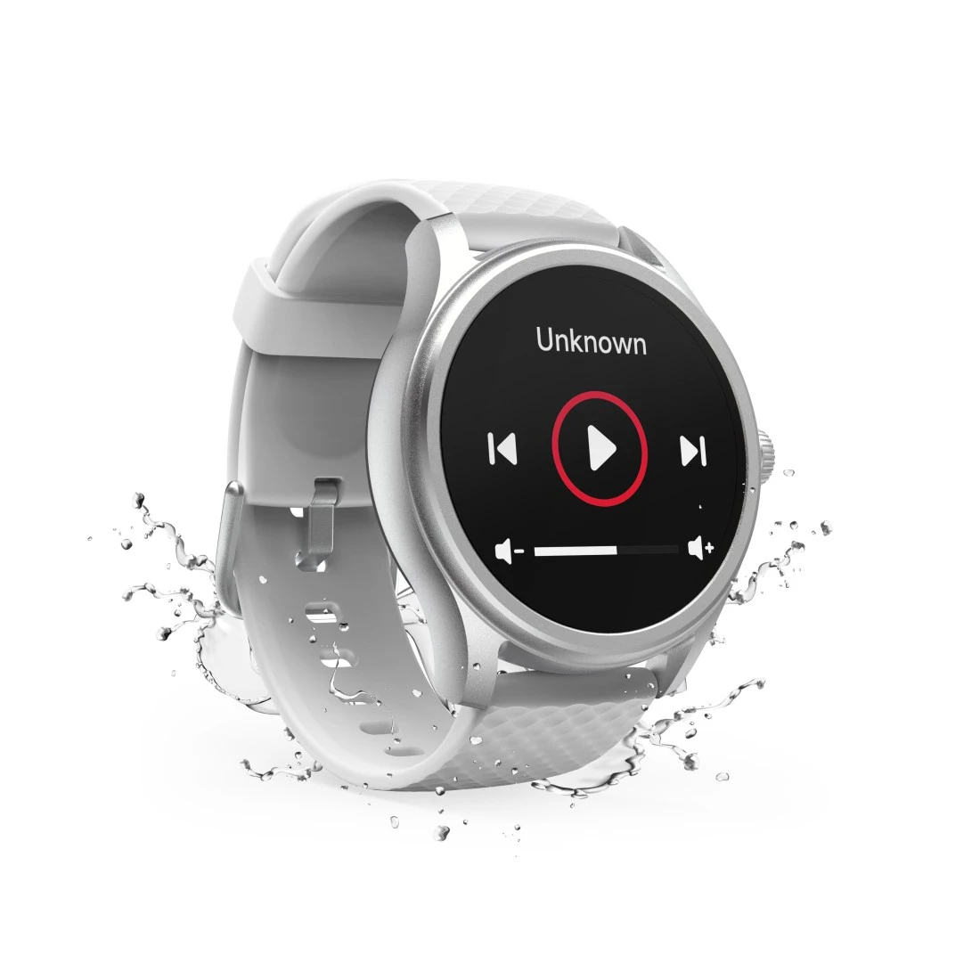 Een witte smartwatch toont een muziekspelerinterface met afspeel-, overslaan- en onbekende trackinfo, omgeven door waterspetters.