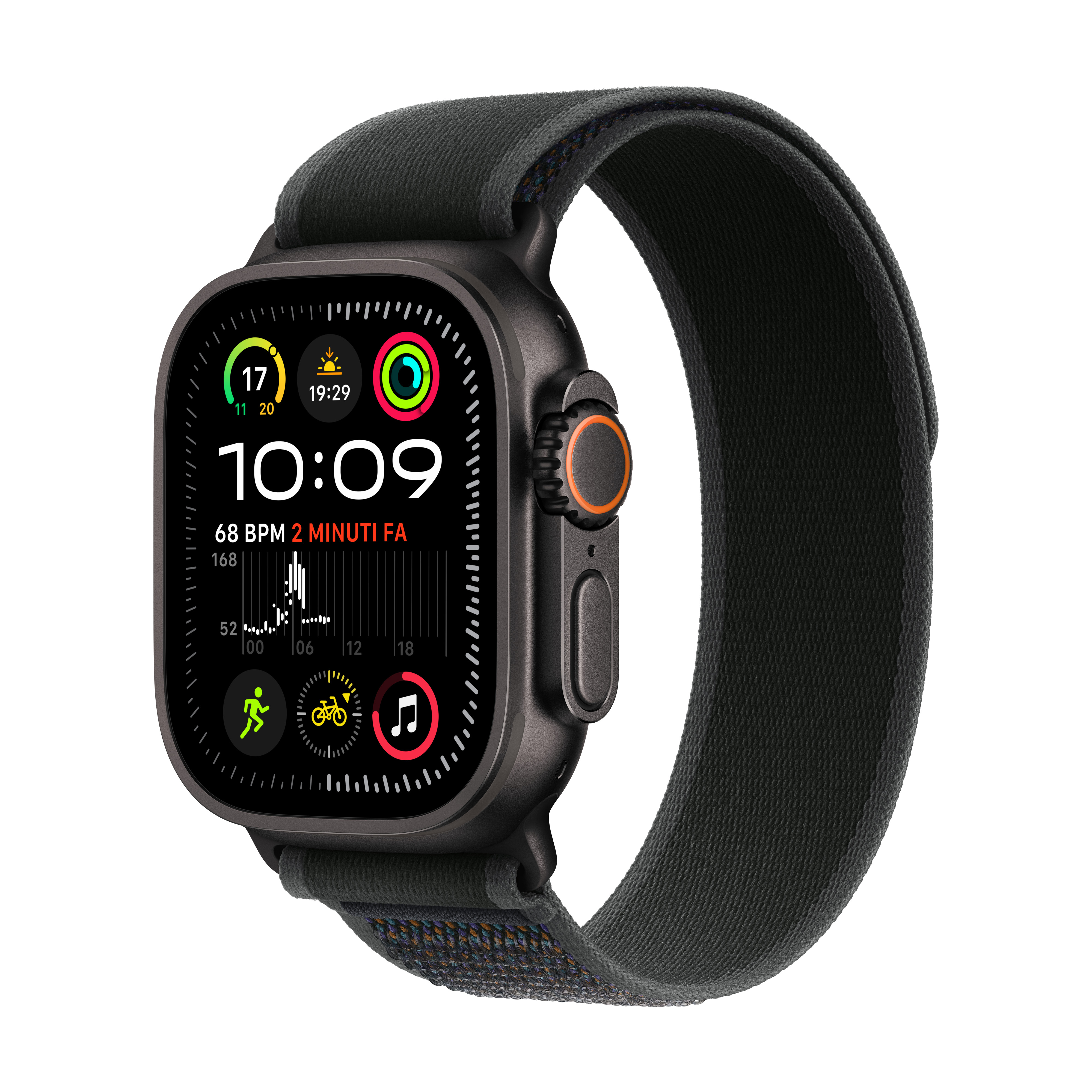 Apple Watch Ultra z czarnym paskiem, wyświetlający godzinę 10:09.