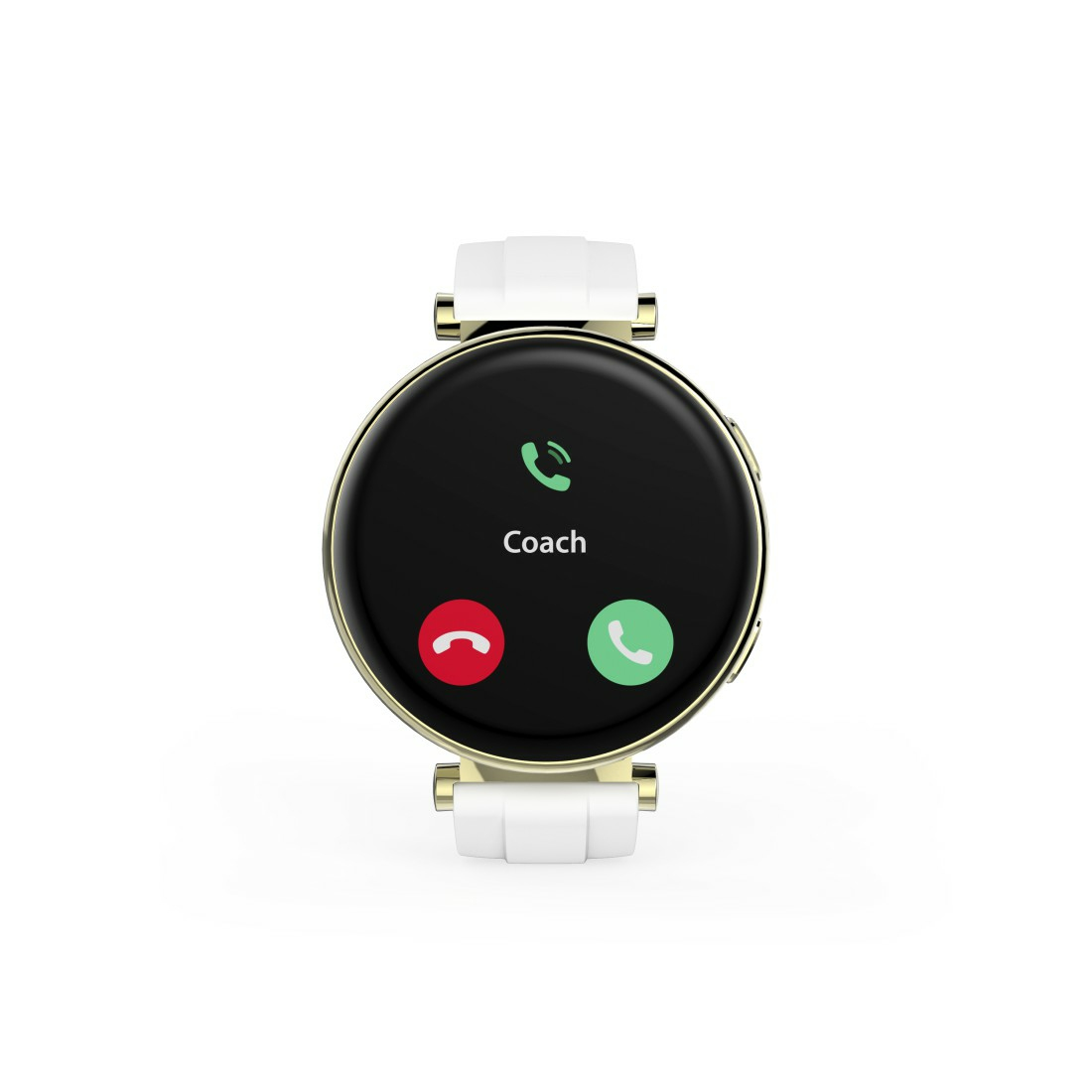 Smartwatch zeigt eingehenden Anruf. Die Uhr hat ein weißes Armband und einen goldenen Rahmen.