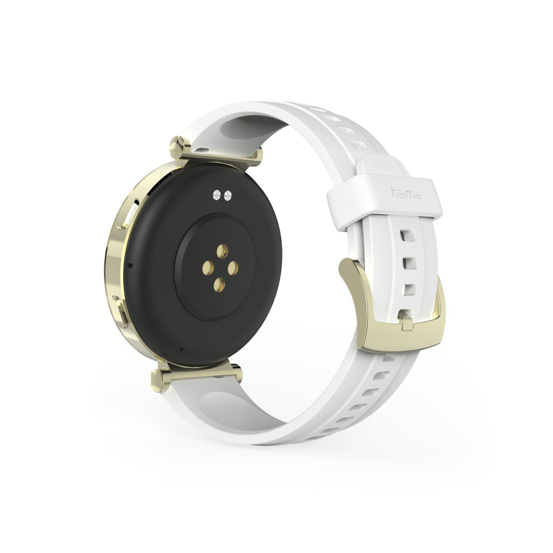 Rückansicht der Smartwatch mit weißem Armband und goldenem Rahmen. Die Uhr hat Sensoren auf der Rückseite.