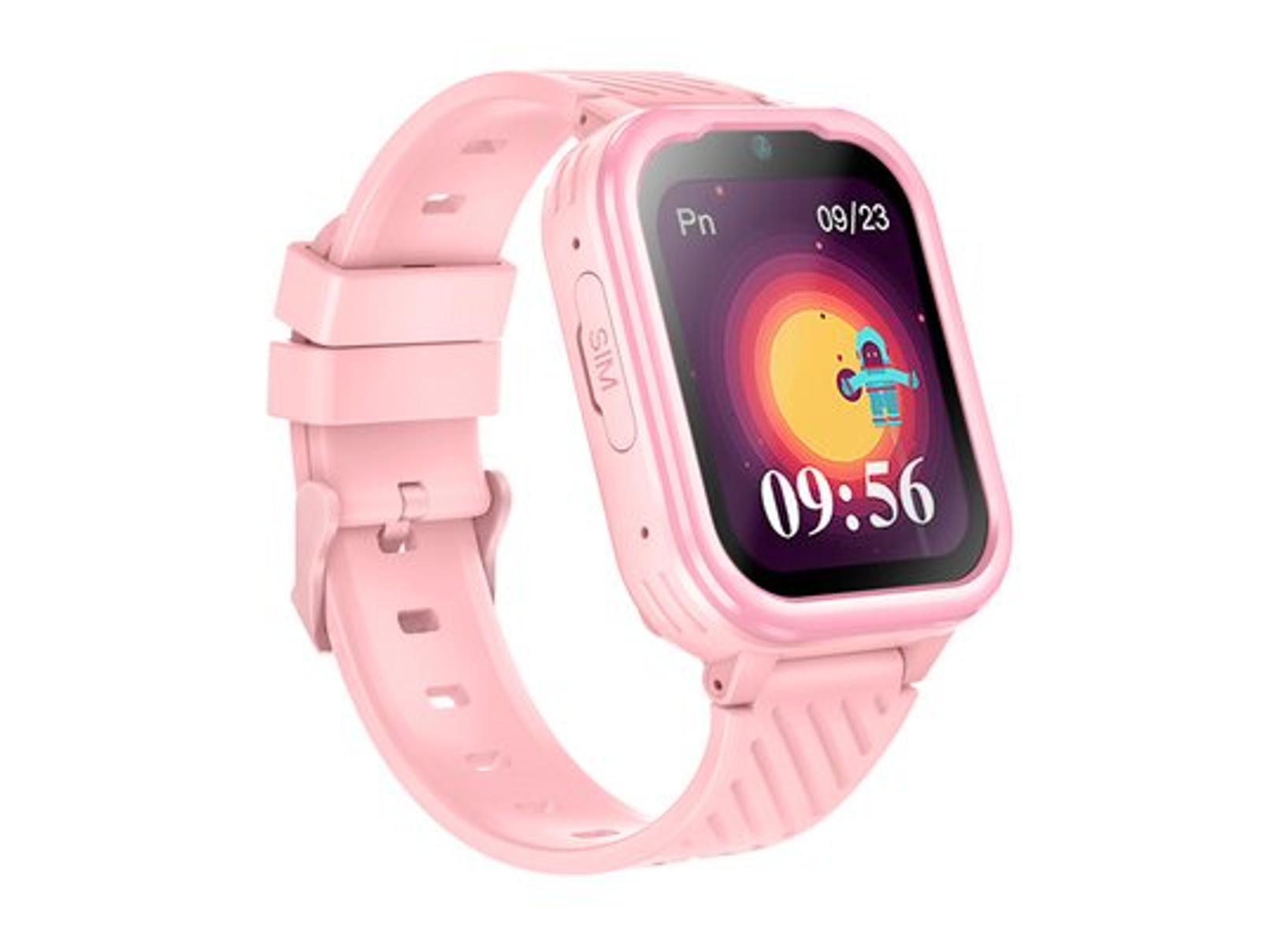 Różowy smartwatch z wyświetlaczem kreskówkowego astronauty pokazującym godzinę 09:56.