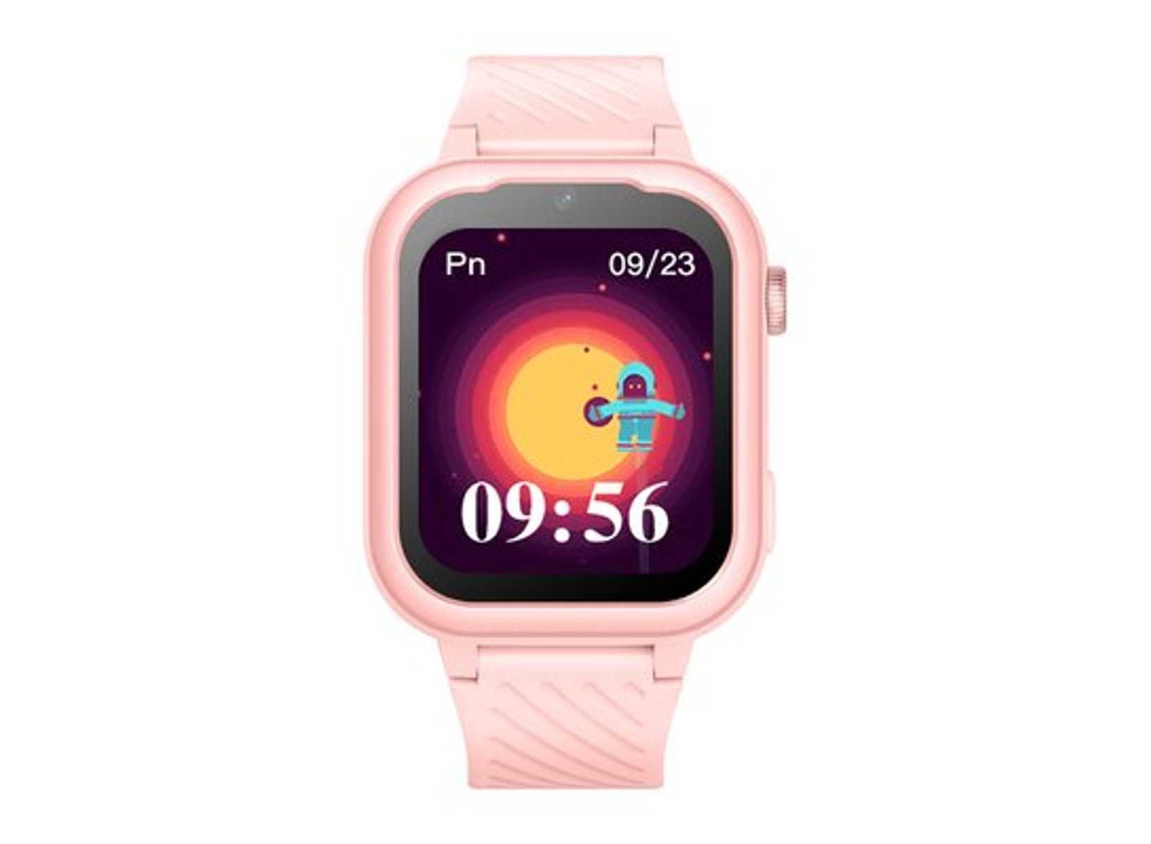 Różowy smartwatch wyświetlający kreskówkowego astronautę na ekranie.