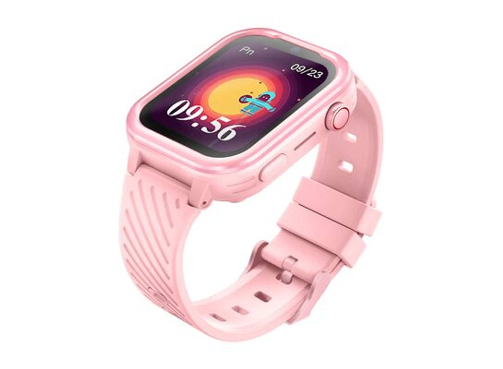 Różowy smartwatch z tarczą astronauty. Godzina 09:56.