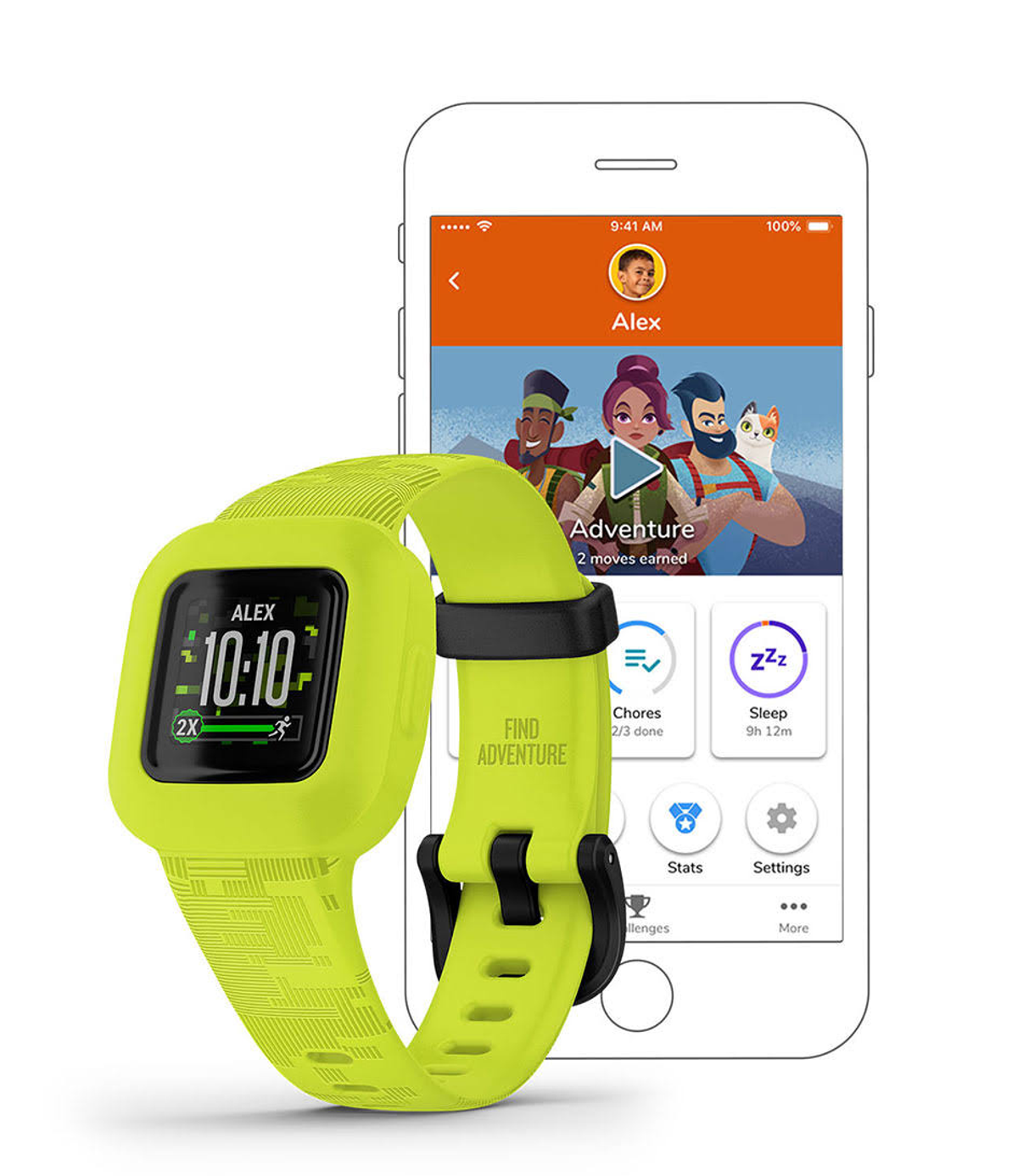 Zielony smartwatch pokazujący statystyki aktywności. Telefon pokazuje statystyki aktywności. Czarna klamra na zegarku.