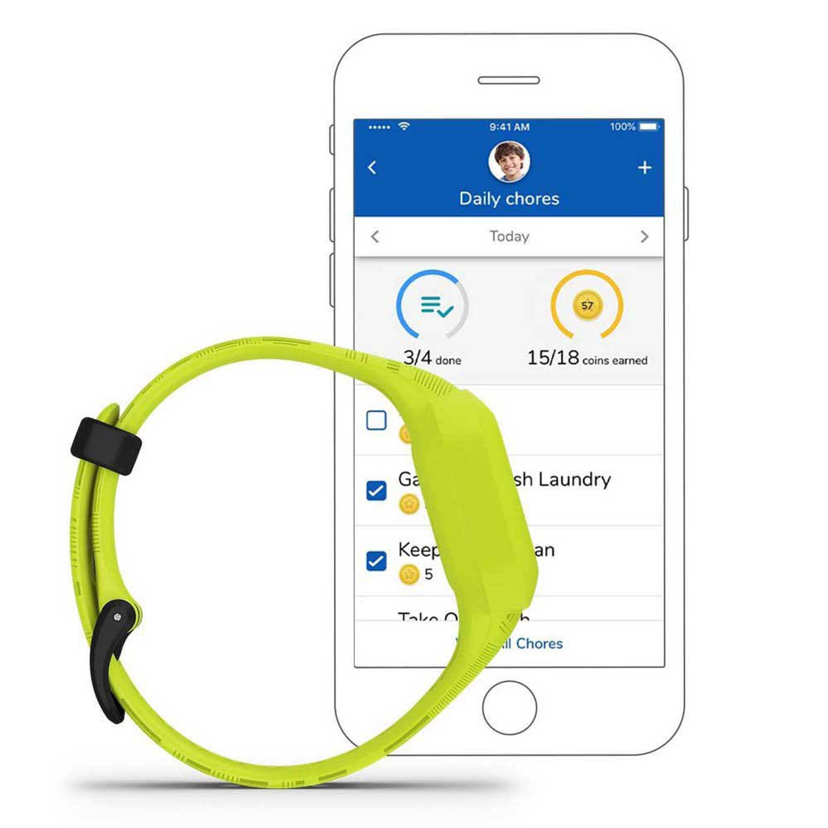 Zielony smartwatch wyświetlający cel. Telefon pokazuje grę przygodową z kobietą.