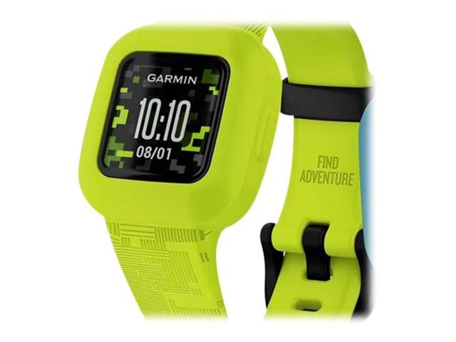 Zielony smartwatch pokazujący godzinę i datę. Czarna klamra. Tekst na pasku: Find Adventure.