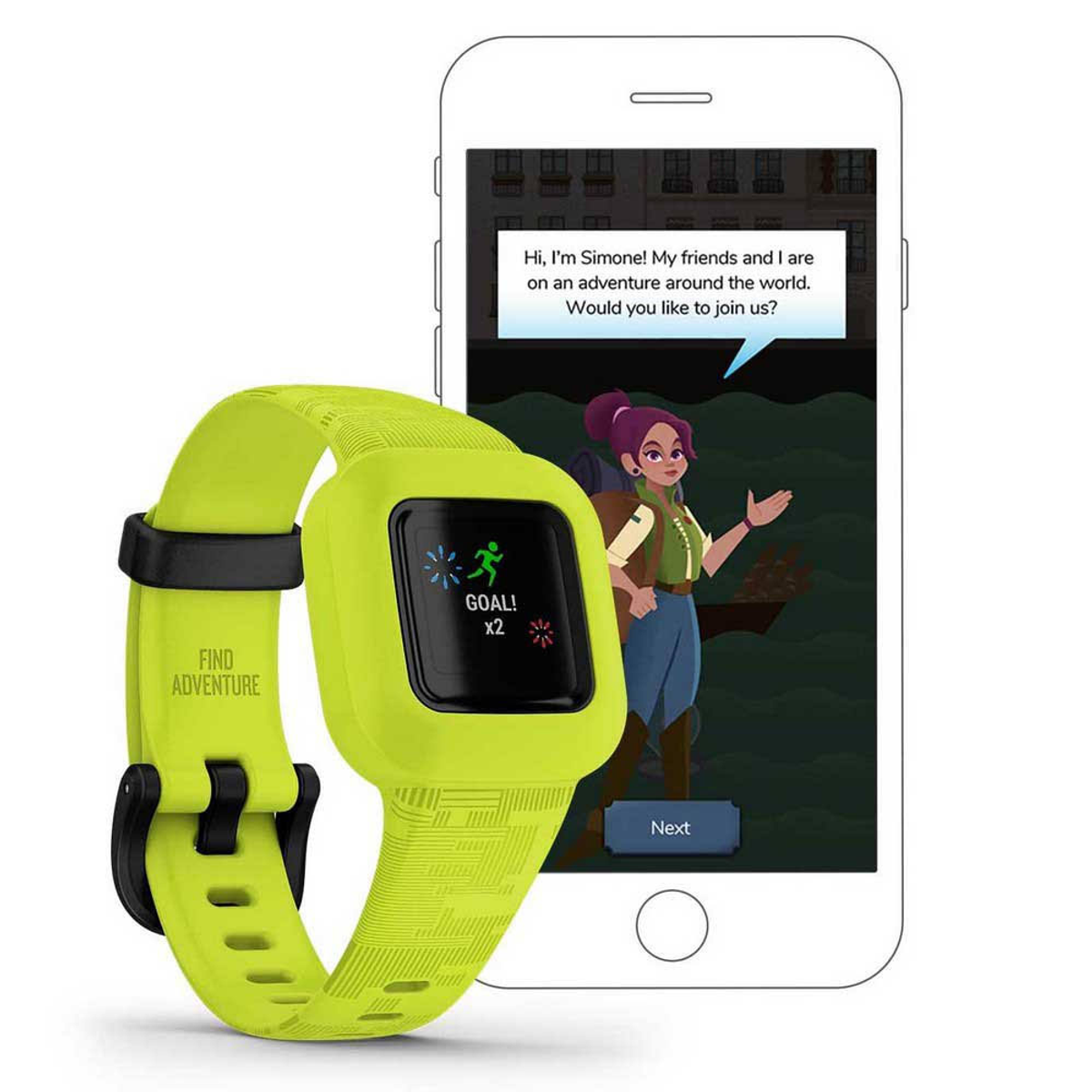 Smartwatch z wyświetlaczem pokazującym cel i ekran telefonu z postacią z kreskówki z tekstem zapraszającym użytkowników do przyłączenia się do przygody.